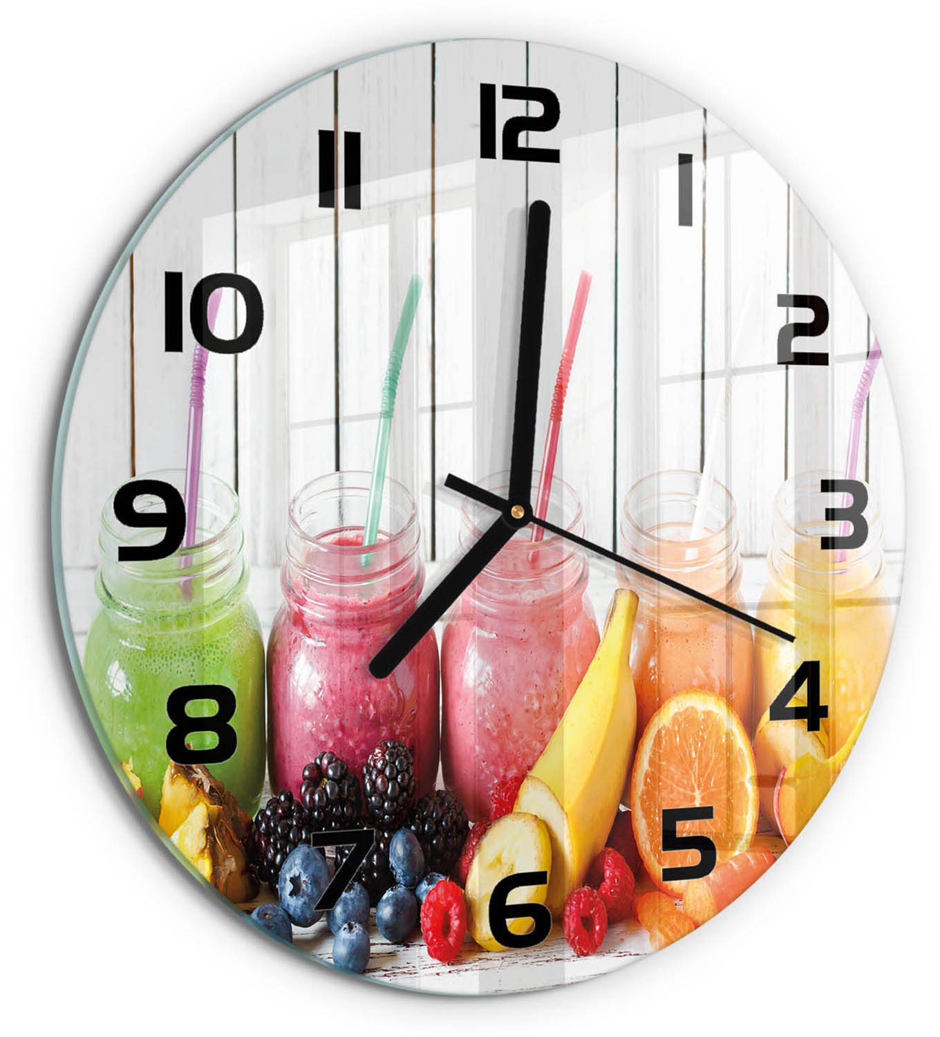 TULUP Wandklok - Fruitcocktails Glazen Klok Met Print - fi30 cm - Veelkleurig Wandklok Glas Met Motief - Zwarte handen - Ronde Klok - Wandklok Glas Decoratie - Gekleurde Glazen Klok
