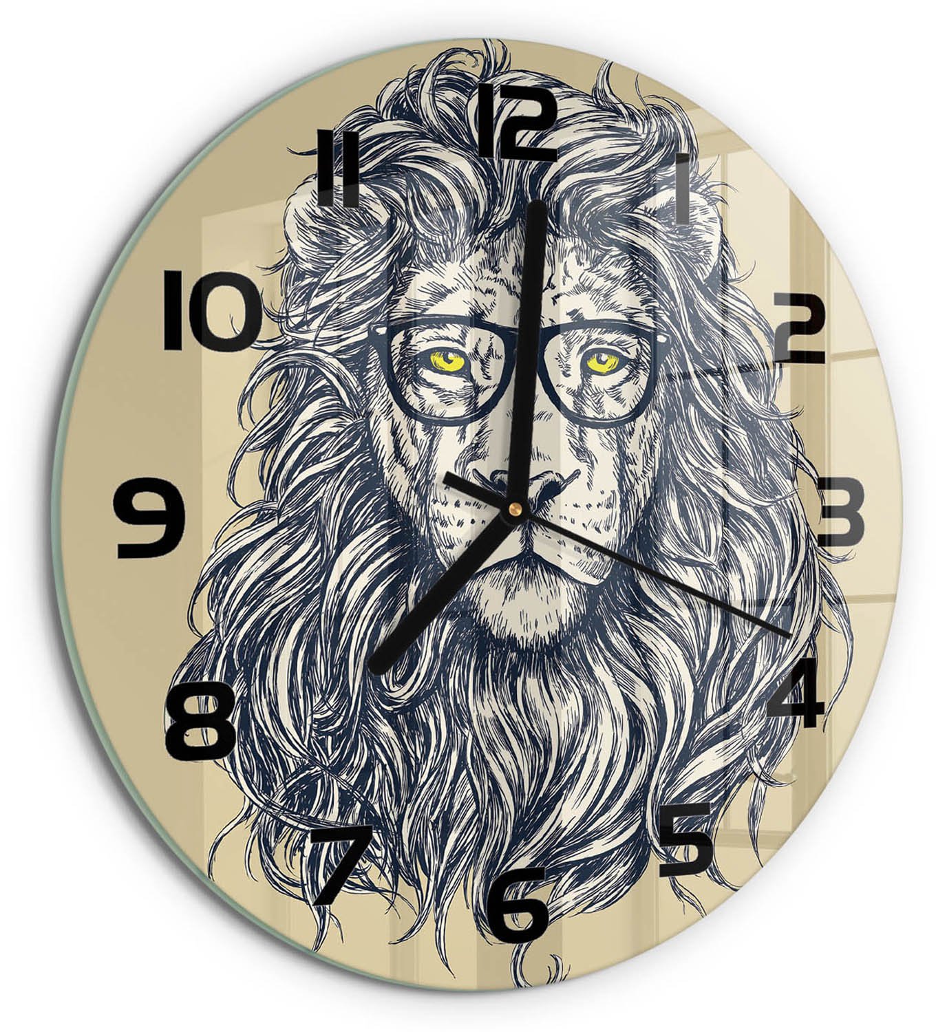 TULUP Wandklok - Hipster Leeuw Wandklok Glas Met Motief - fi30 cm - Beige Decoratieve Glazen Klok - Zwarte handen - Ronde Klok - Gekleurde Glazen Klok - Glazen Klok Met Print