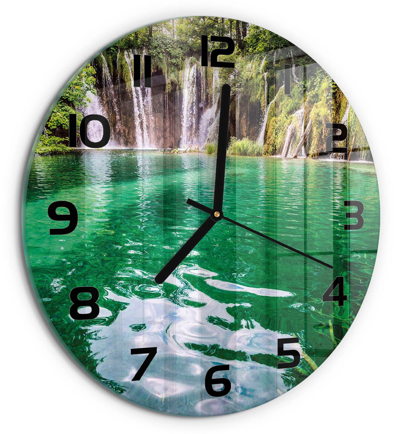 TULUP Wandklok - Plitvice-meren Decoratieve Glazen Klok - fi30 cm - Groente Glazen Wandklok Design - Zwarte handen - Ronde Klok - Glazen Klok Met Print - Wandklok Glas Met Motief