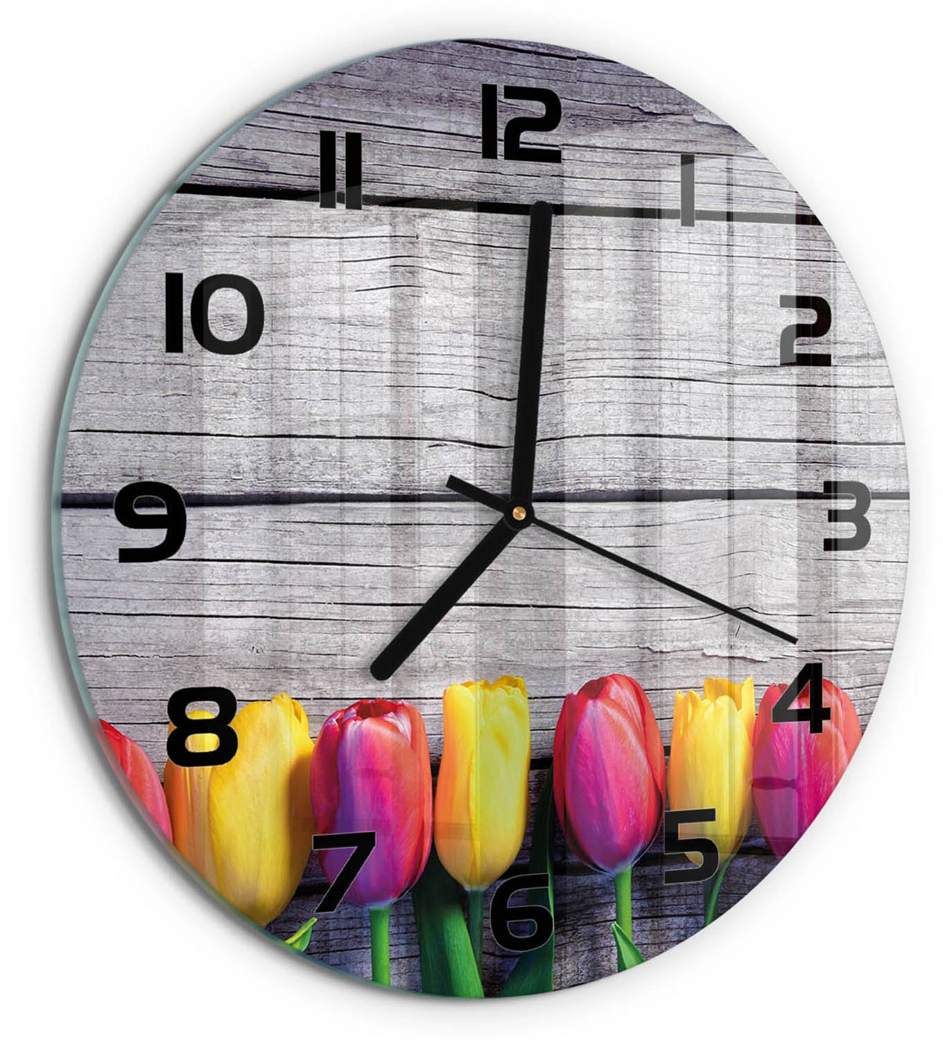 TULUP Wandklok - Tulpen op hout Decoratieve Glazen Klok - fi30 cm - Veelkleurig Glazen Wandklok Design - Zwarte handen - Ronde Klok - Glazen Klok Met Print - Wandklok Glas Met Motief