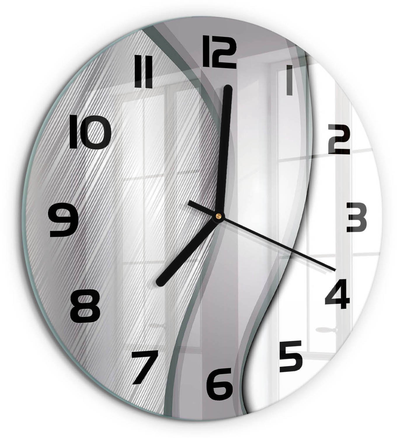 TULUP Wandklok - Metaalabstractie Wandklok Glas Decoratie - fi30 cm - Zilver Gekleurde Glazen Klok - Zwarte handen - Ronde Klok - Klok Glas Met Opdruk - Moderne Wandklok Glas