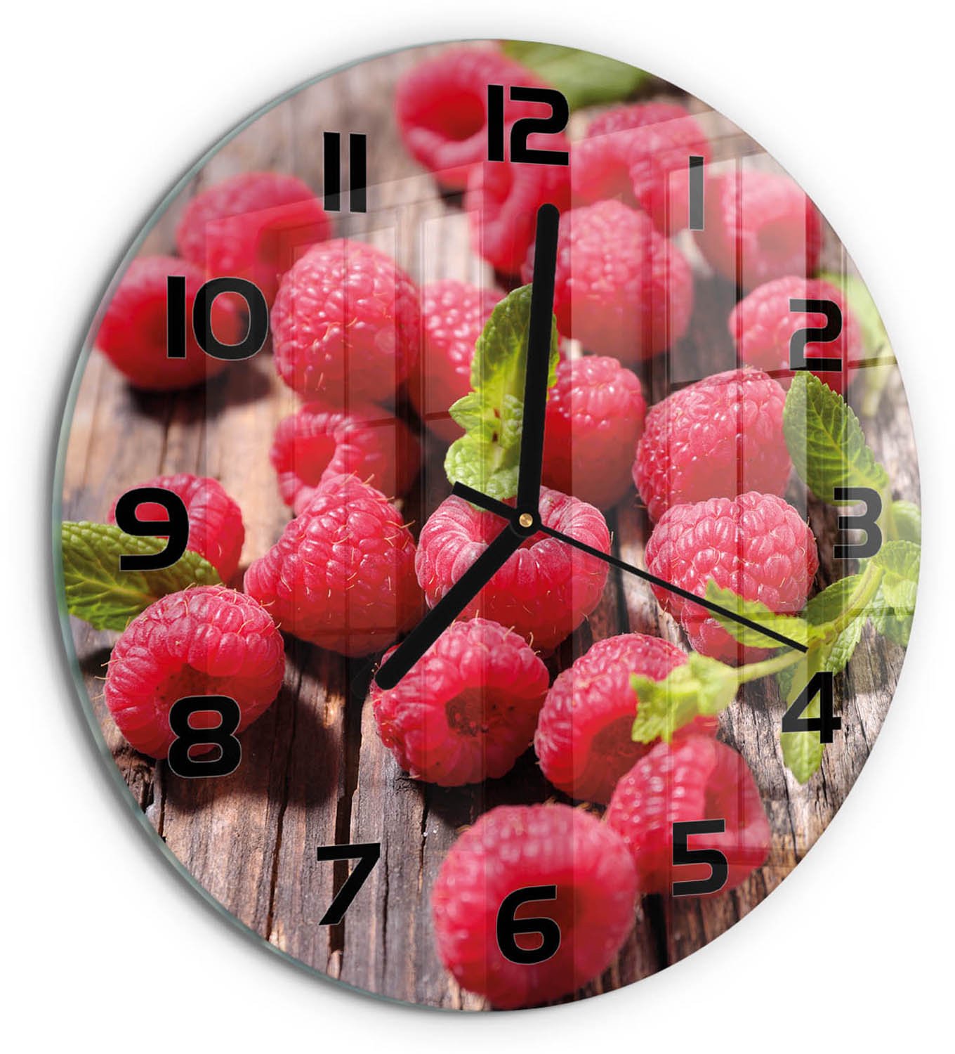 TULUP Wandklok - Frambozen Moderne Wandklok Glas - fi30 cm - Rood Wandklok Glas Decoratie - Zwarte handen - Ronde Klok - Glazen Wandklok Design - Klok Glas Met Opdruk