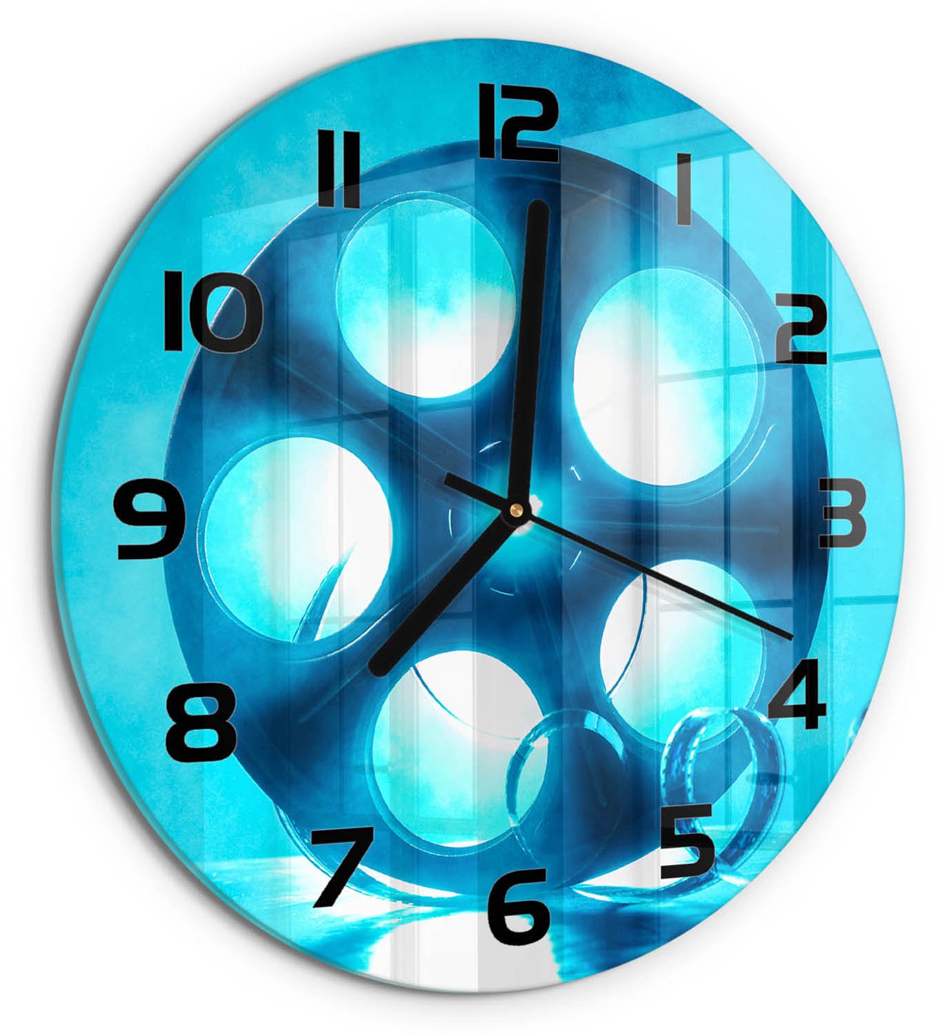 TULUP Wandklok - Filmrol Glazen Klok Met Print - fi30 cm - Blauw Wandklok Glas Met Motief - Zwarte handen - Ronde Klok - Wandklok Glas Decoratie - Gekleurde Glazen Klok