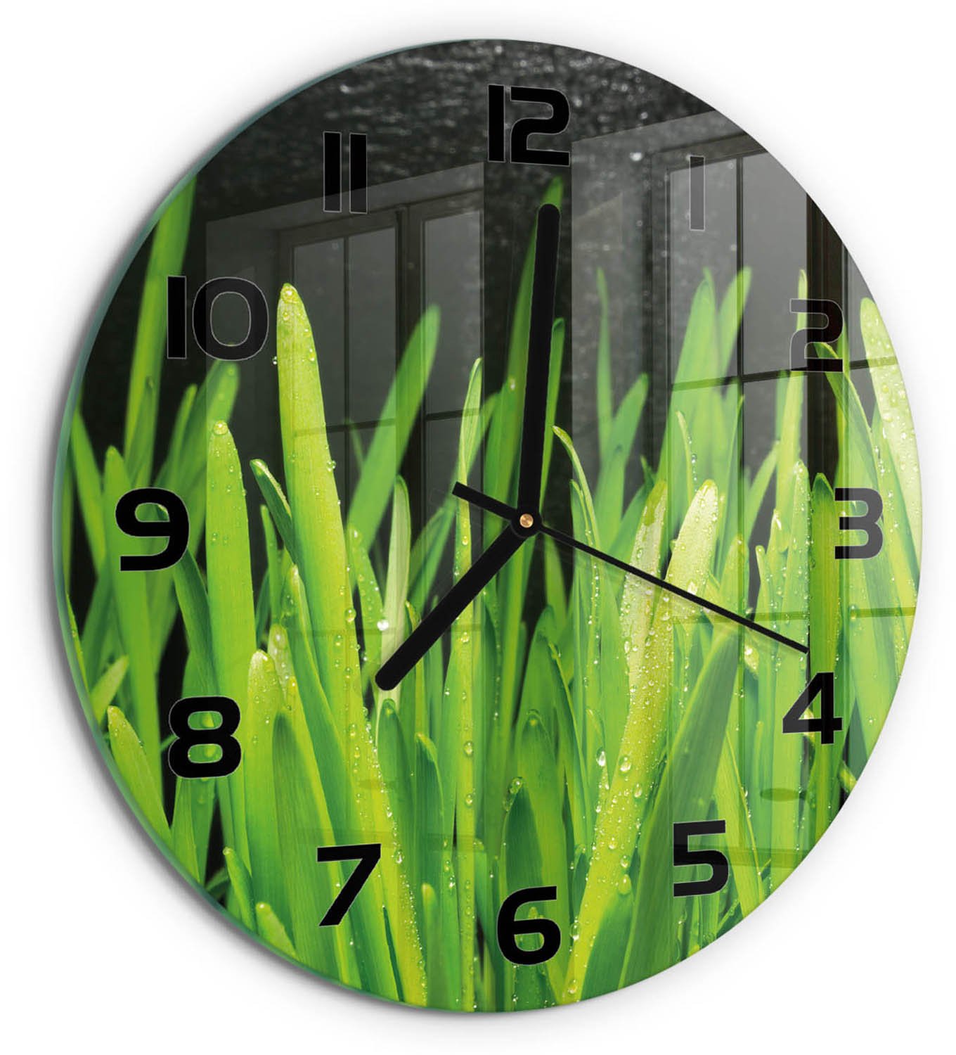 TULUP Wandklok - Gras Glazen Klok Met Print - fi30 cm - Groente Wandklok Glas Met Motief - Zwarte handen - Ronde Klok - Wandklok Glas Decoratie - Gekleurde Glazen Klok