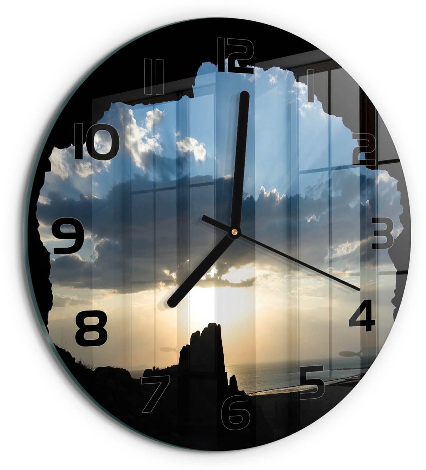 TULUP Wandklok - Zonsondergang Gekleurde Glazen Klok - fi30 cm - Blauw Glazen Klok Met Print - Zwarte handen - Ronde Klok - Moderne Wandklok Glas - Wandklok Glas Decoratie