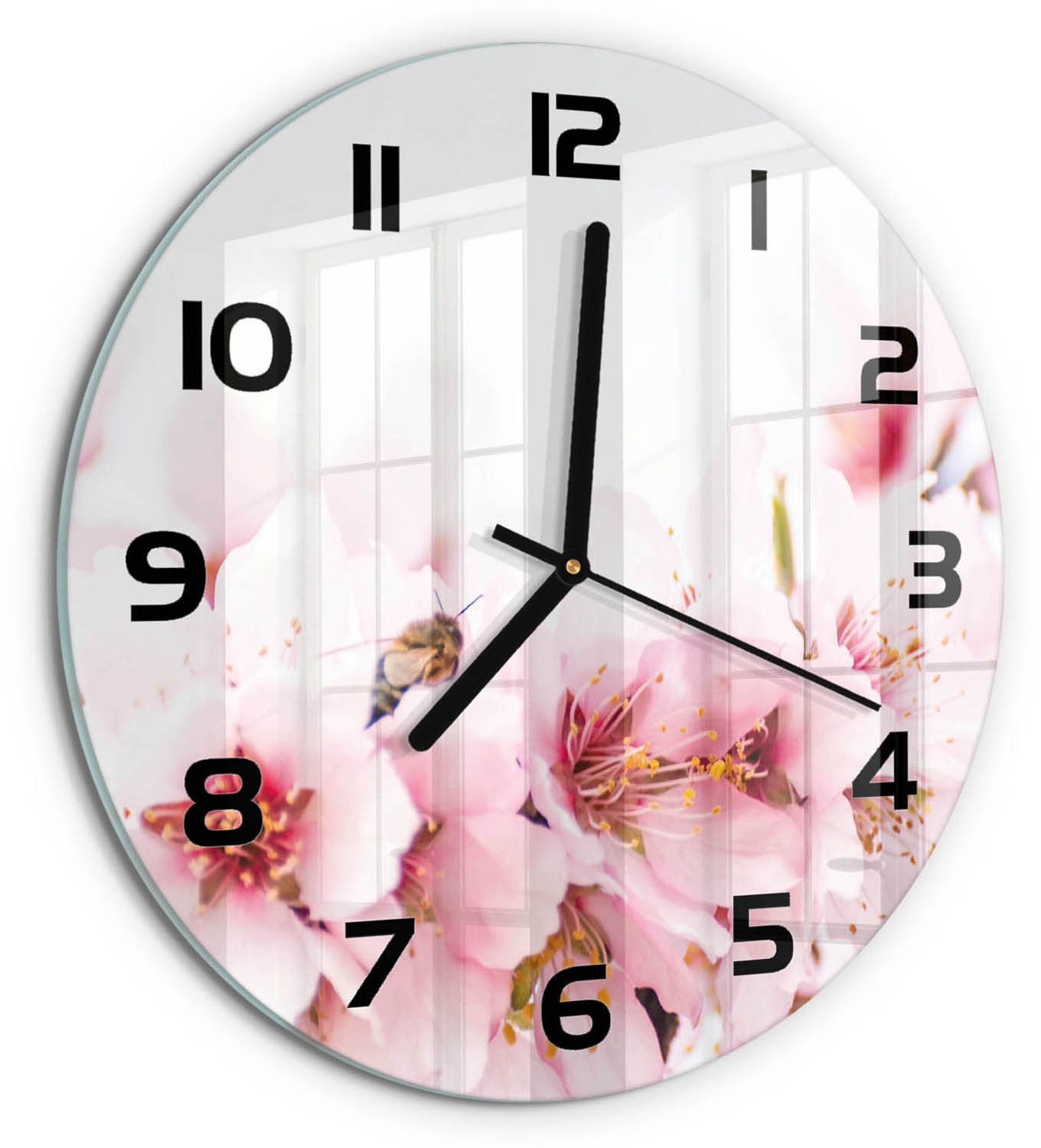 TULUP Wandklok - Kersenbloesem Wandklok Glas Decoratie - fi30 cm - Roze Gekleurde Glazen Klok - Zwarte handen - Ronde Klok - Klok Glas Met Opdruk - Moderne Wandklok Glas