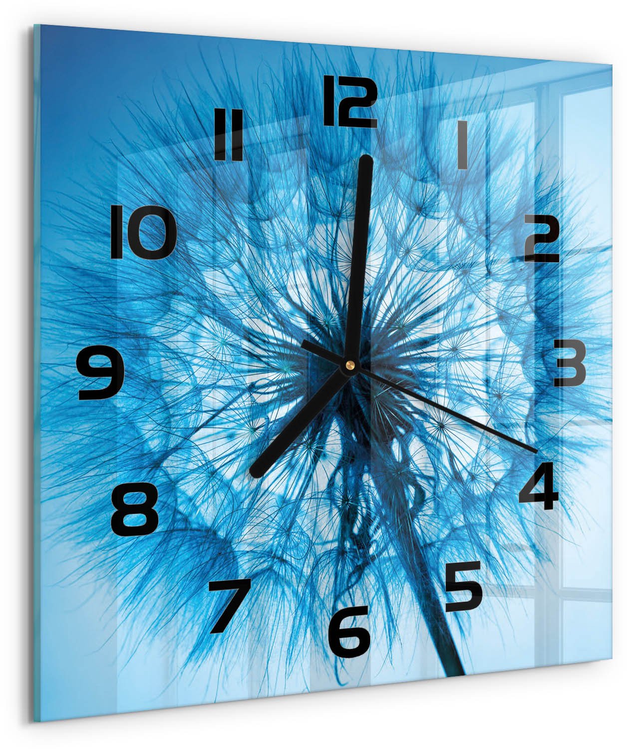 TULUP Wandklok - Paardebloem Gekleurde Glazen Klok - 30x30 cm - Blauw Glazen Klok Met Print - Zwarte handen - Vierkante Klok - Moderne Wandklok Glas - Wandklok Glas Decoratie