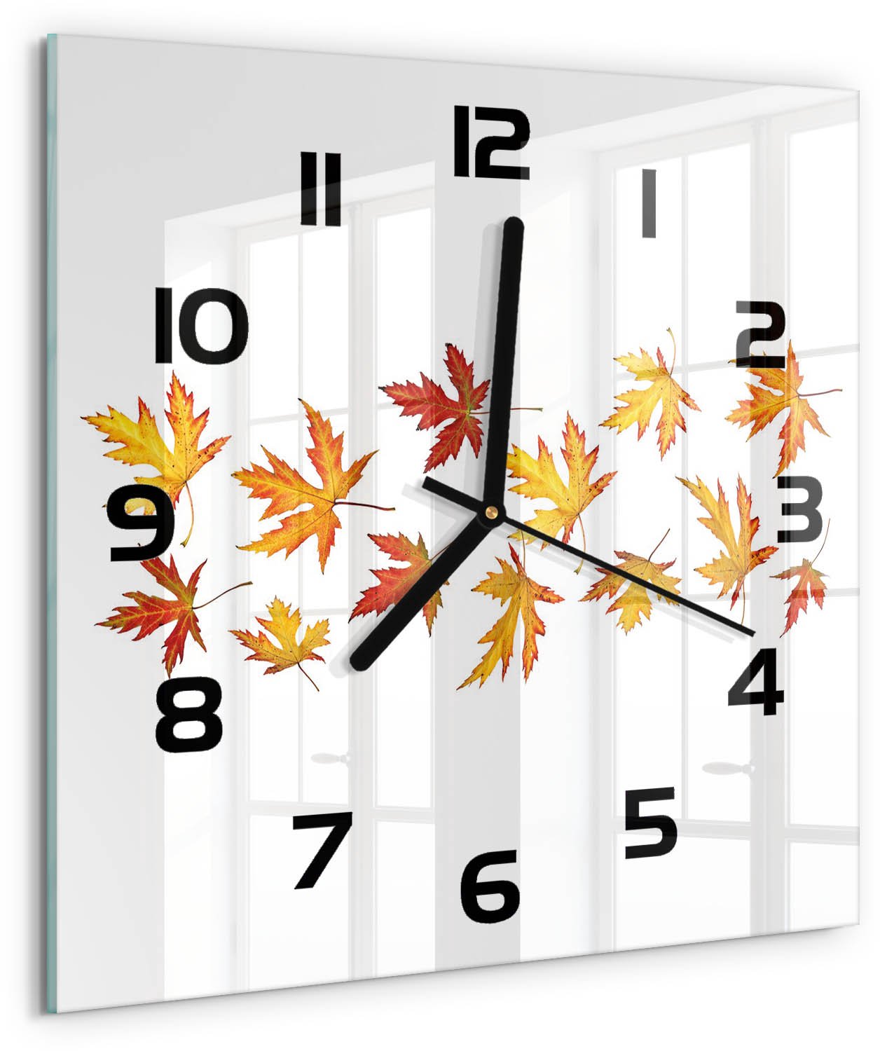 TULUP Wandklok - Herfstbladeren Moderne Wandklok Glas - 30x30 cm - Geel Wandklok Glas Decoratie - Zwarte handen - Vierkante Klok - Glazen Wandklok Design - Klok Glas Met Opdruk