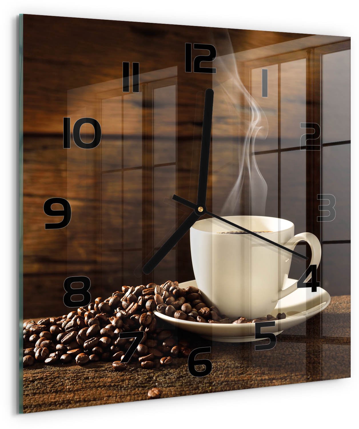 Tulup Wandklok - Kopje koffie Decoratieve Glazen Klok - 30x30 cm - Bruin Glazen Wandklok Design - Zwarte handen - Vierkante Klok - Glazen Klok Met Print - Wandklok Glas Met Motief