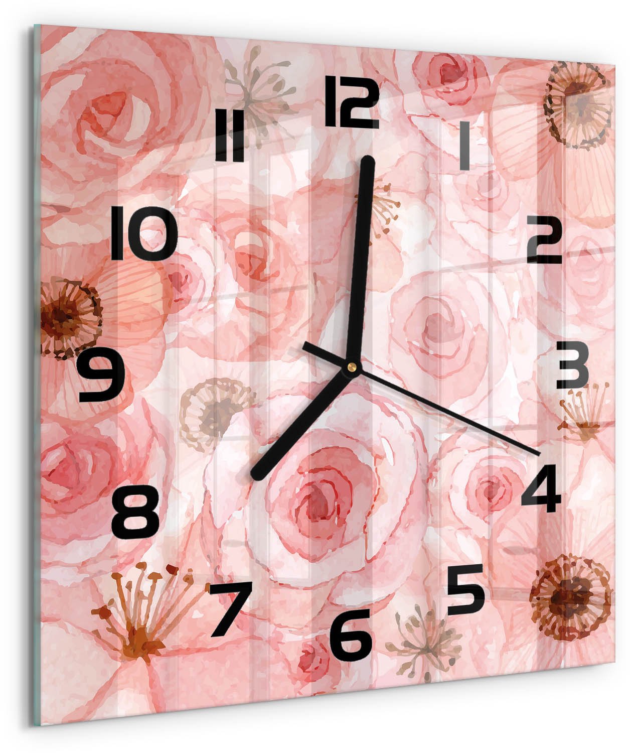 TULUP Wandklok - Bloemenpatroon Klok Glas Met Opdruk - 30x30 cm - Roze Moderne Wandklok Glas - Zwarte handen - Vierkante Klok - Decoratieve Glazen Klok - Glazen Wandklok Design