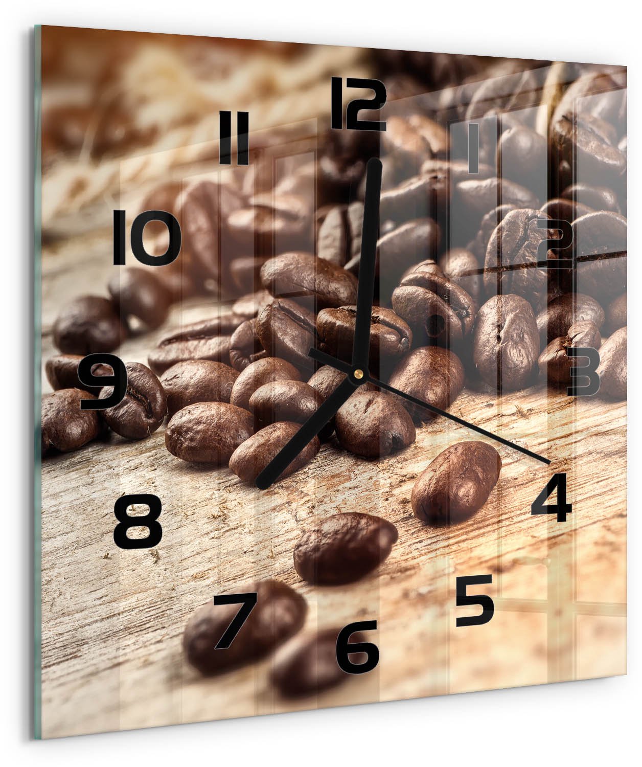TULUP Wandklok - Koffiebonen Glazen Klok Met Print - 30x30 cm - Bruin Wandklok Glas Met Motief - Zwarte handen - Vierkante Klok - Wandklok Glas Decoratie - Gekleurde Glazen Klok
