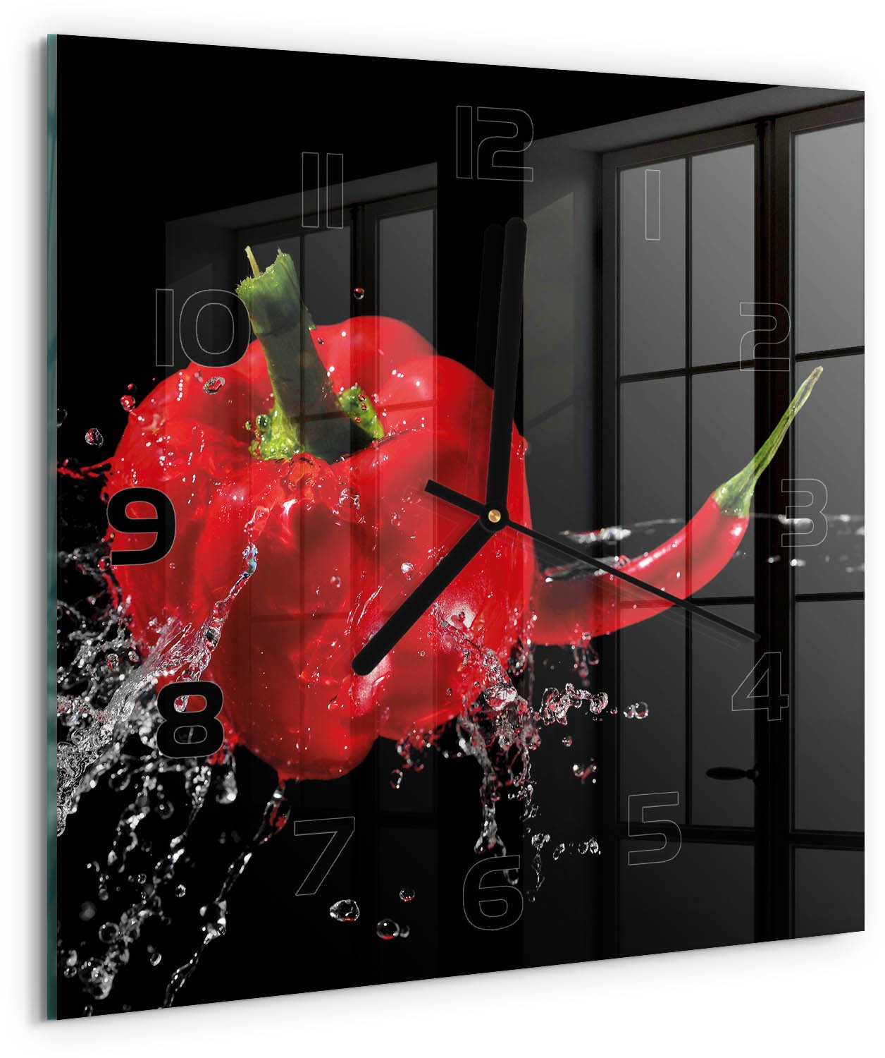 TULUP Wandklok - Rode peper Glazen Wandklok Design - 30x30 cm - Rood Klok Glas Met Opdruk - Zwarte handen - Vierkante Klok - Wandklok Glas Met Motief - Decoratieve Glazen Klok