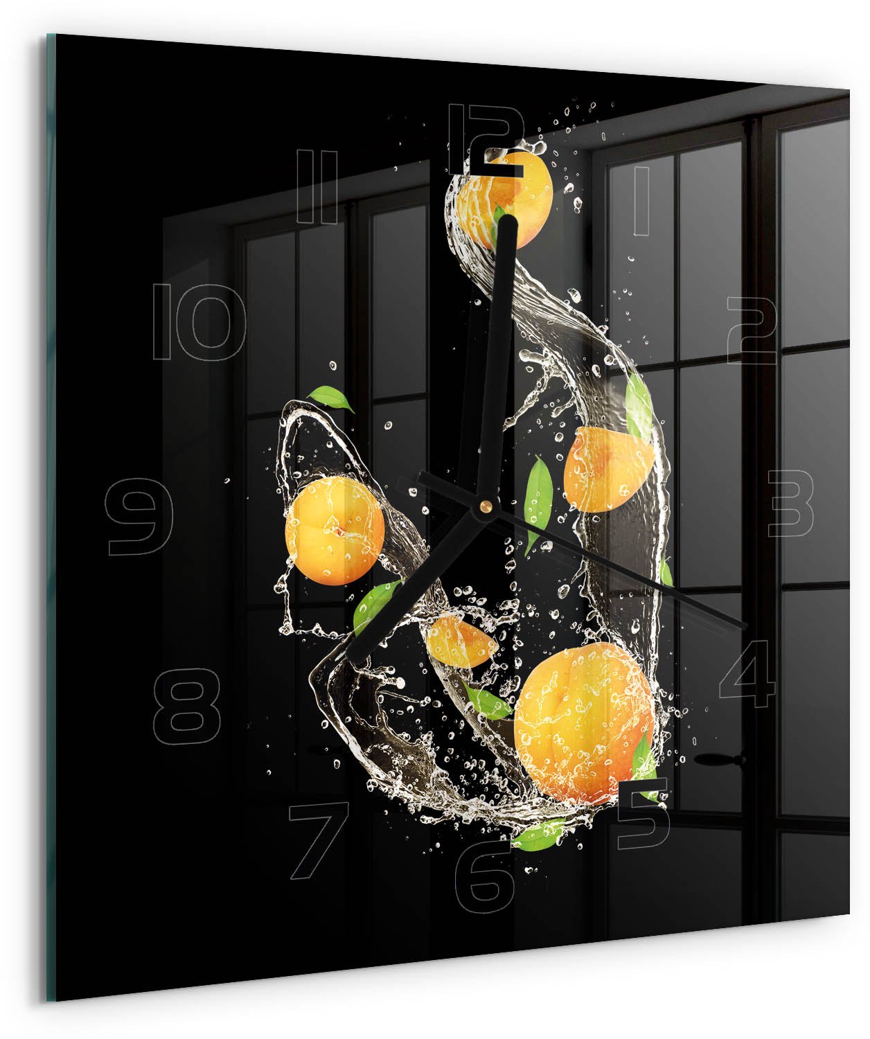 TULUP Wandklok - Abrikozen en water Klok Glas Met Opdruk - 30x30 cm - Oranje Moderne Wandklok Glas - Zwarte handen - Vierkante Klok - Decoratieve Glazen Klok - Glazen Wandklok Design
