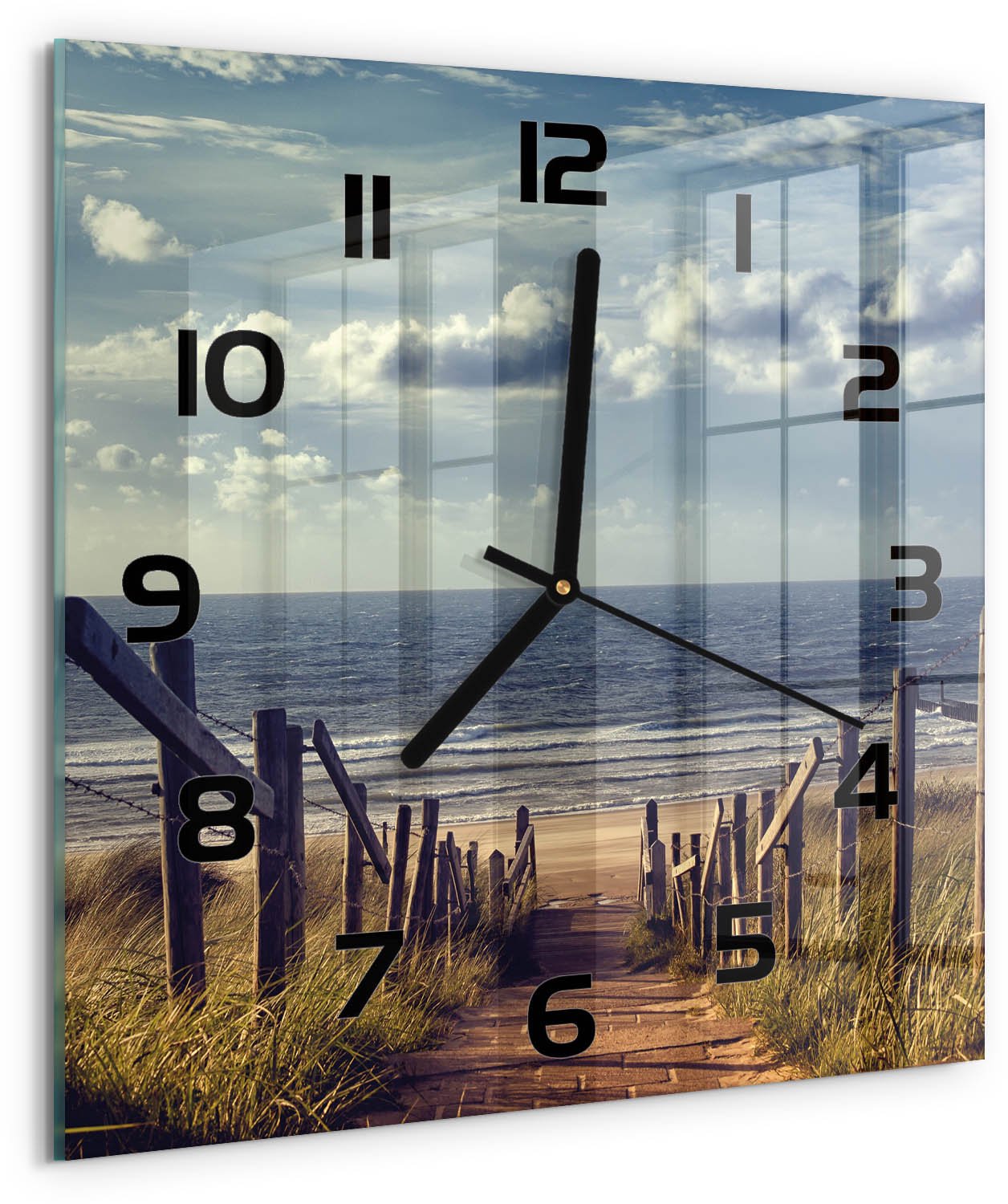 Tulup Wandklok - De weg naar het strand Klok Glas Met Opdruk - 30x30 cm - Blauw Moderne Wandklok Glas - Zwarte handen - Vierkante Klok - Decoratieve Glazen Klok - Glazen Wandklok Design