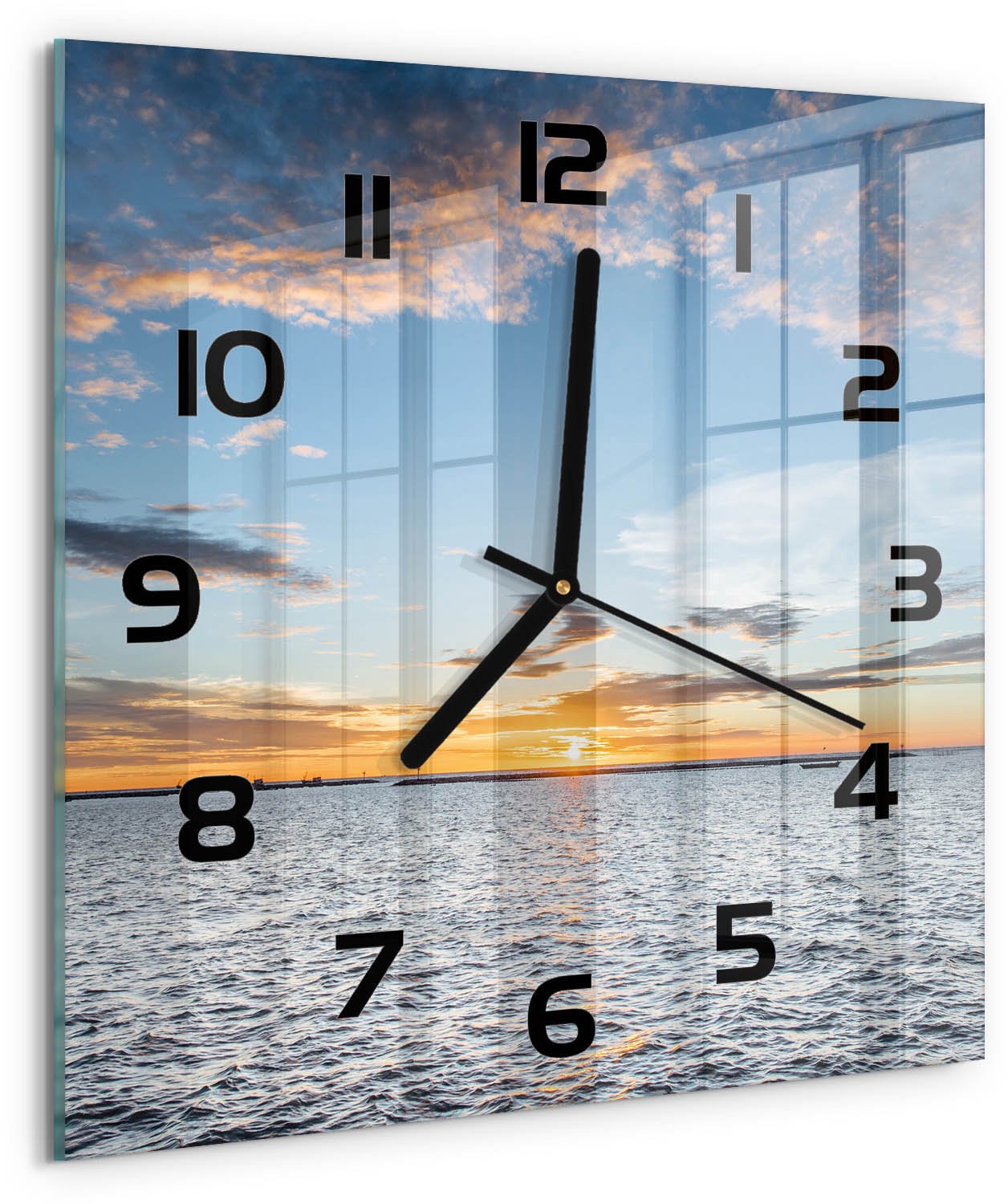 Tulup Wandklok - Schemering aan zee Wandklok Glas Decoratie - 30x30 cm - Blauw Gekleurde Glazen Klok - Zwarte handen - Vierkante Klok - Klok Glas Met Opdruk - Moderne Wandklok Glas