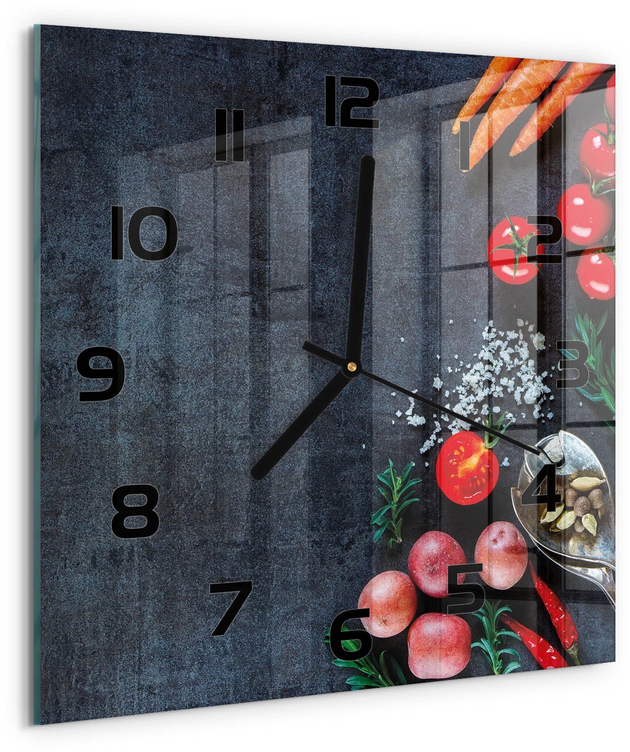 Tulup Wandklok - Ingrediënten Gekleurde Glazen Klok - 30x30 cm - Veelkleurig Glazen Klok Met Print - Zwarte handen - Vierkante Klok - Moderne Wandklok Glas - Wandklok Glas Decoratie