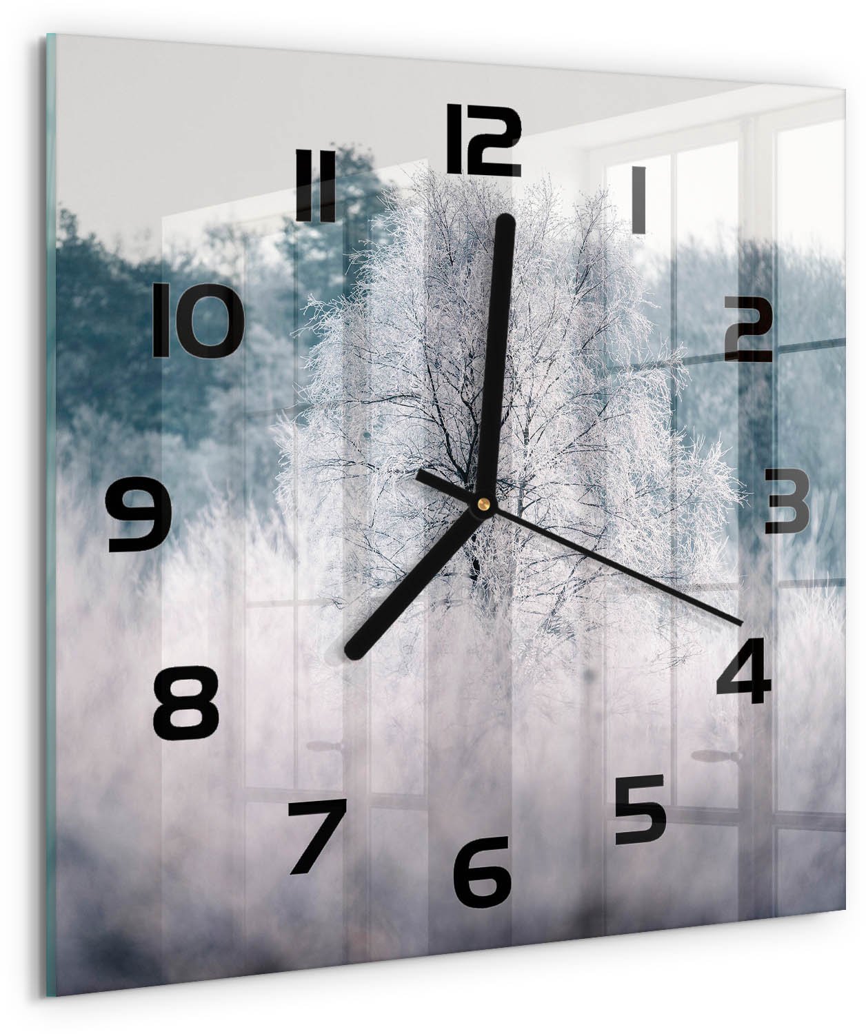 Tulup Wandklok - Winterbomen Wandklok Glas Met Motief - 30x30 cm - Grijs Decoratieve Glazen Klok - Zwarte handen - Vierkante Klok - Gekleurde Glazen Klok - Glazen Klok Met Print