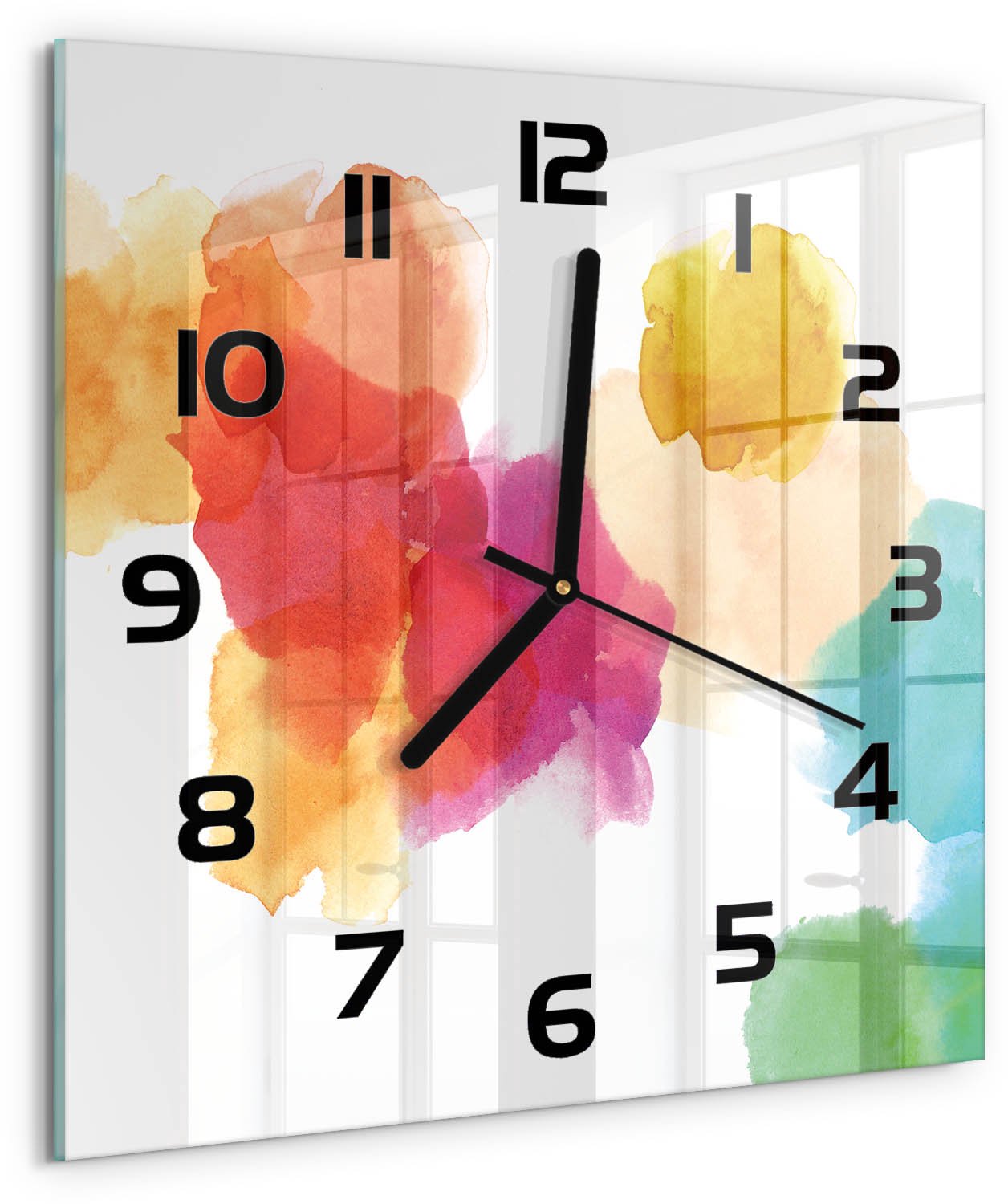 TULUP Wandklok - Kleurrijke vlekken Moderne Wandklok Glas - 30x30 cm - Veelkleurig Wandklok Glas Decoratie - Zwarte handen - Vierkante Klok - Glazen Wandklok Design - Klok Glas Met Opdruk