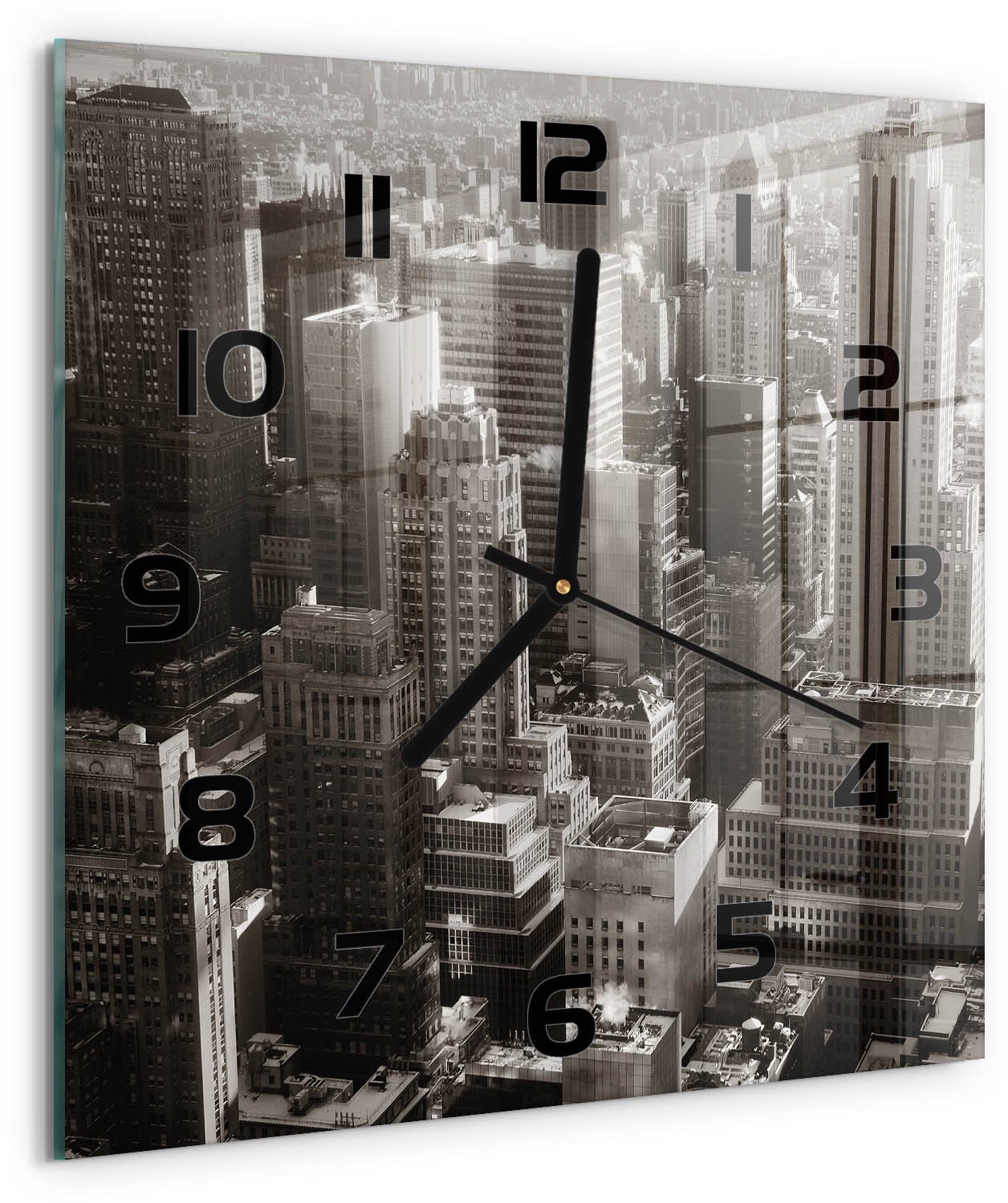 Tulup Wandklok - New York Wandklok Glas Decoratie - 30x30 cm - Zwart-wit Gekleurde Glazen Klok - Zwarte handen - Vierkante Klok - Klok Glas Met Opdruk - Moderne Wandklok Glas