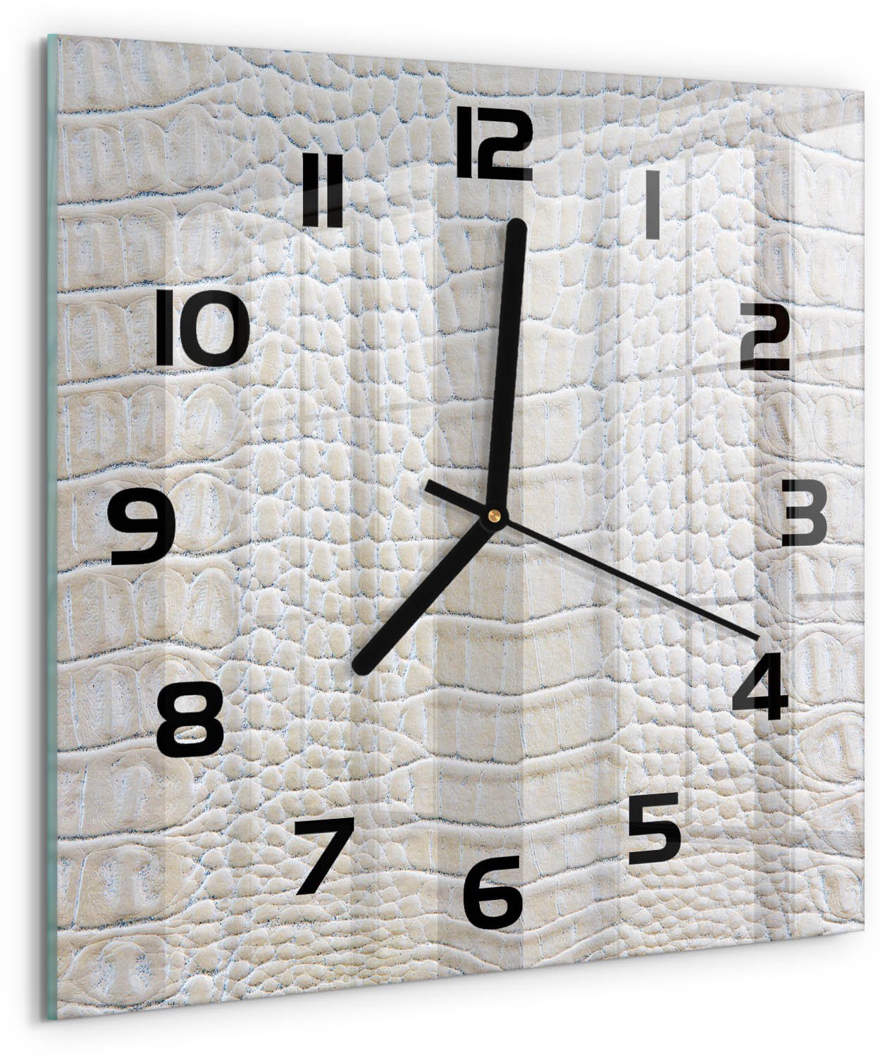 TULUP Wandklok - Krokodillenhuid Klok Glas Met Opdruk - 30x30 cm - Beige Moderne Wandklok Glas - Zwarte handen - Vierkante Klok - Decoratieve Glazen Klok - Glazen Wandklok Design