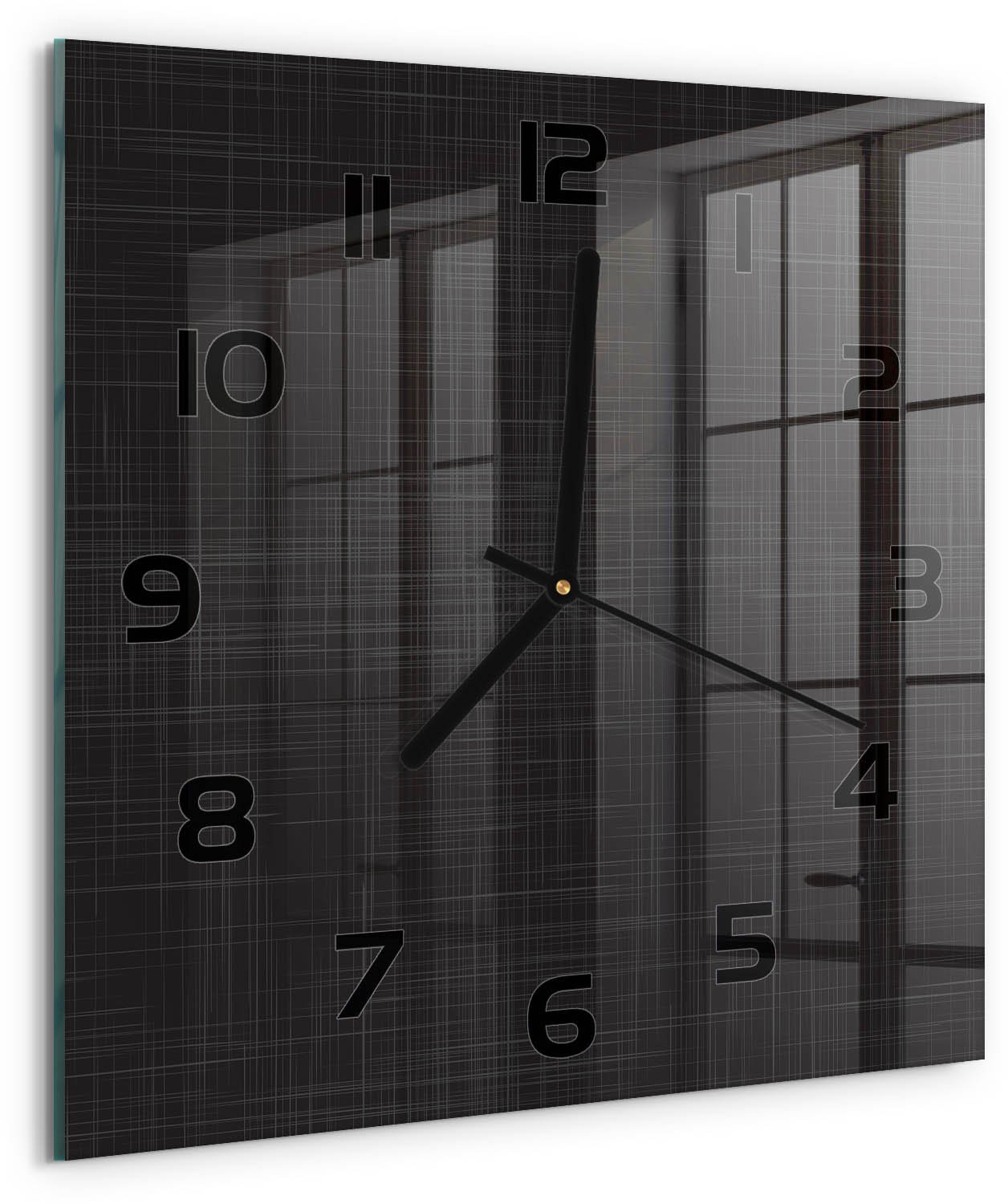 TULUP Wandklok - Linnentextuur Wandklok Glas Decoratie - 30x30 cm - Zwart Gekleurde Glazen Klok - Zwarte handen - Vierkante Klok - Klok Glas Met Opdruk - Moderne Wandklok Glas
