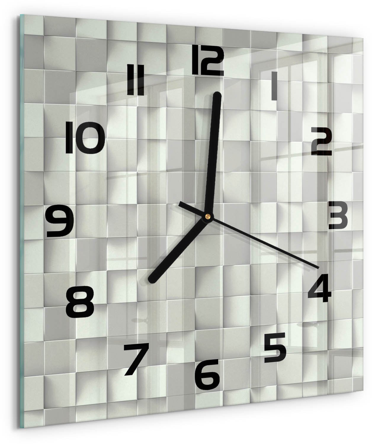 TULUP Wandklok - Geometrische achtergrond Klok Glas Met Opdruk - 30x30 cm - Wit Moderne Wandklok Glas - Zwarte handen - Vierkante Klok - Decoratieve Glazen Klok - Glazen Wandklok Design
