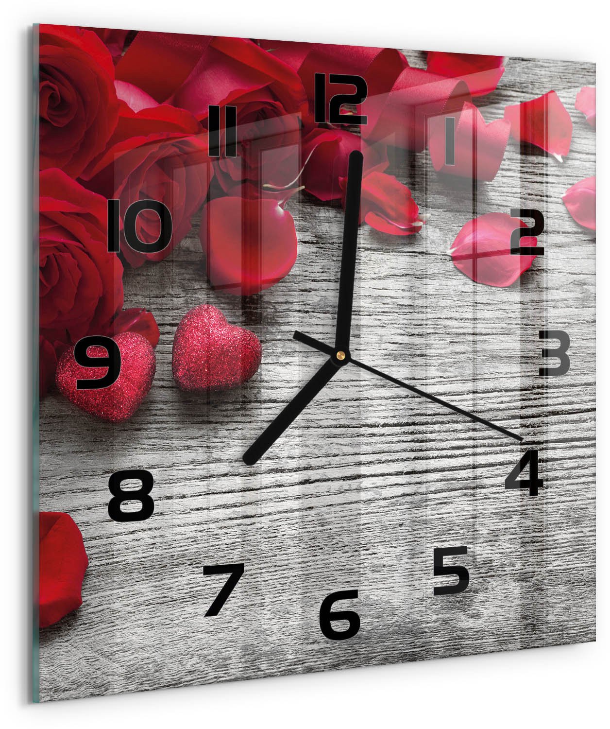 Tulup Wandklok - Rode rozen Glazen Wandklok Design - 30x30 cm - Rood Klok Glas Met Opdruk - Zwarte handen - Vierkante Klok - Wandklok Glas Met Motief - Decoratieve Glazen Klok