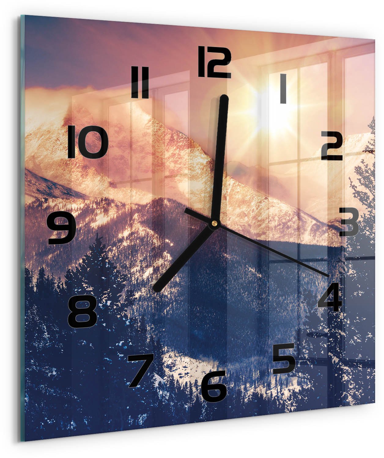 TULUP Wandklok - De zon boven de bergen Glazen Klok Met Print - 30x30 cm - Geel Wandklok Glas Met Motief - Zwarte handen - Vierkante Klok - Wandklok Glas Decoratie - Gekleurde Glazen Klok