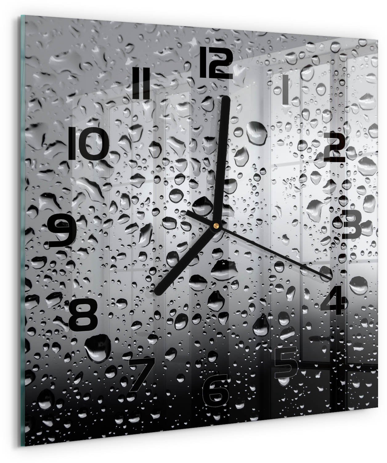 TULUP Wandklok - Waterdruppels Wandklok Glas Met Motief - 30x30 cm - Grijs Decoratieve Glazen Klok - Zwarte handen - Vierkante Klok - Gekleurde Glazen Klok - Glazen Klok Met Print