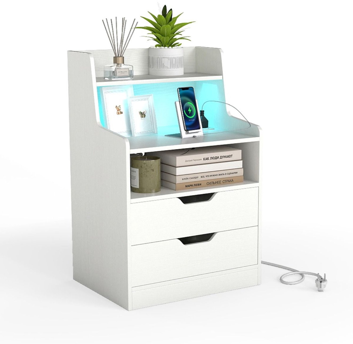 SureDeal® - Nachtkastje - Ledverlichting - Oplaadstation Bijzettafel - Lades - Open Vak Wit - 45x35x72,5 cm - Wit