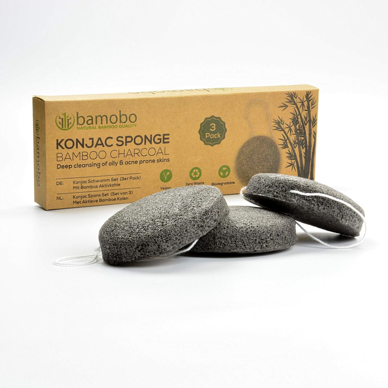Konjac spons (set van 3) - 100% natuurlijke gezichtsreiniging - bamboe actieve kool - voor een gladder huidbeeld - ShopVlot