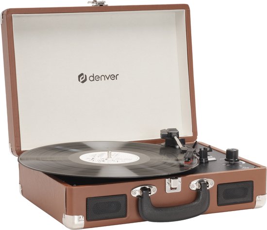 Bruine Denver retro platenspeler in kofferstijl met ingebouwde luidsprekers, metalen hoeken en een zwarte handgreep.