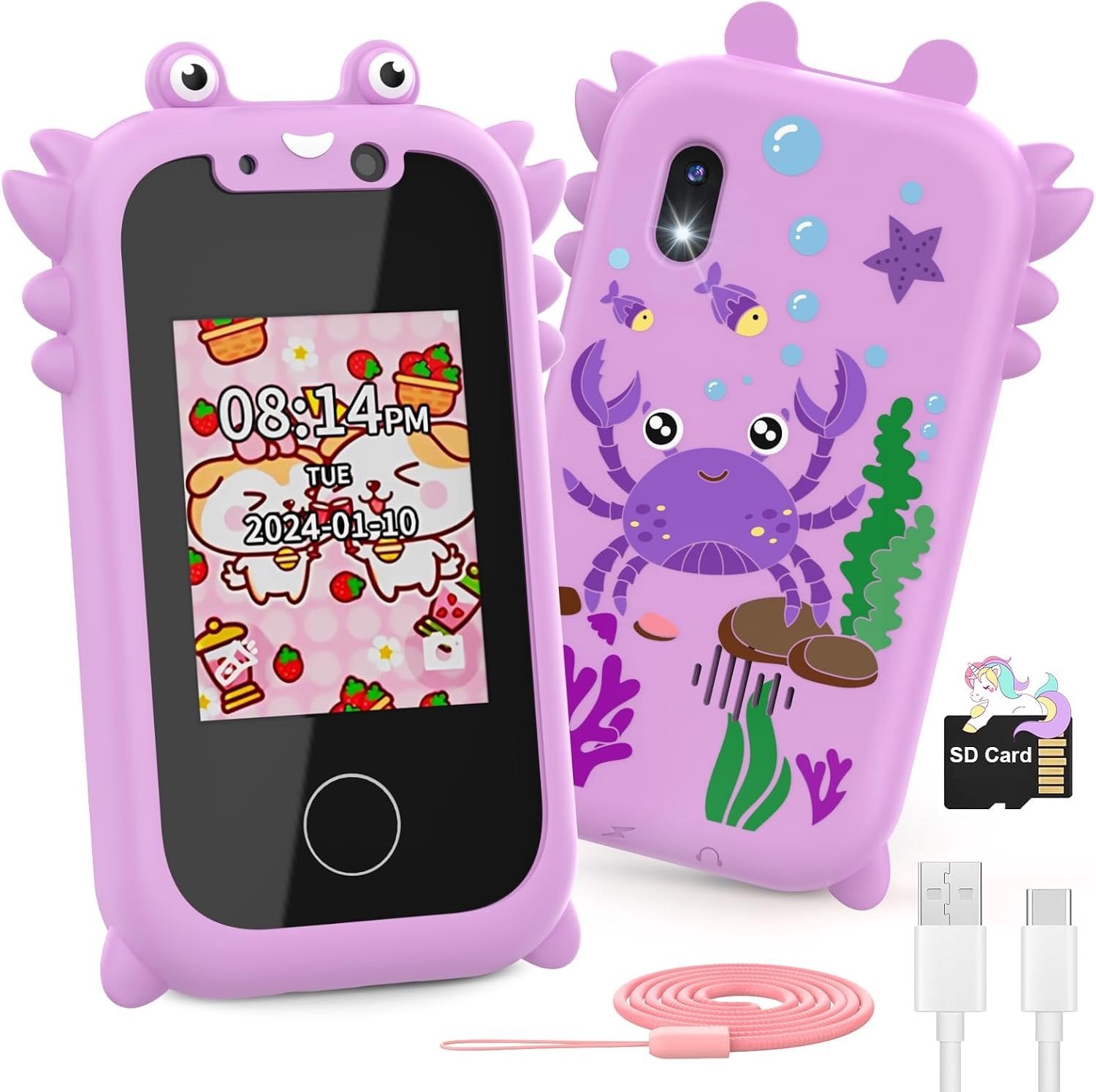 Smartphone voor kinderen, ideaal als kerst- of verjaardagscadeau, met dubbele camera, muziekspeler en puzzelspellen voor 3 tot 10 jaar