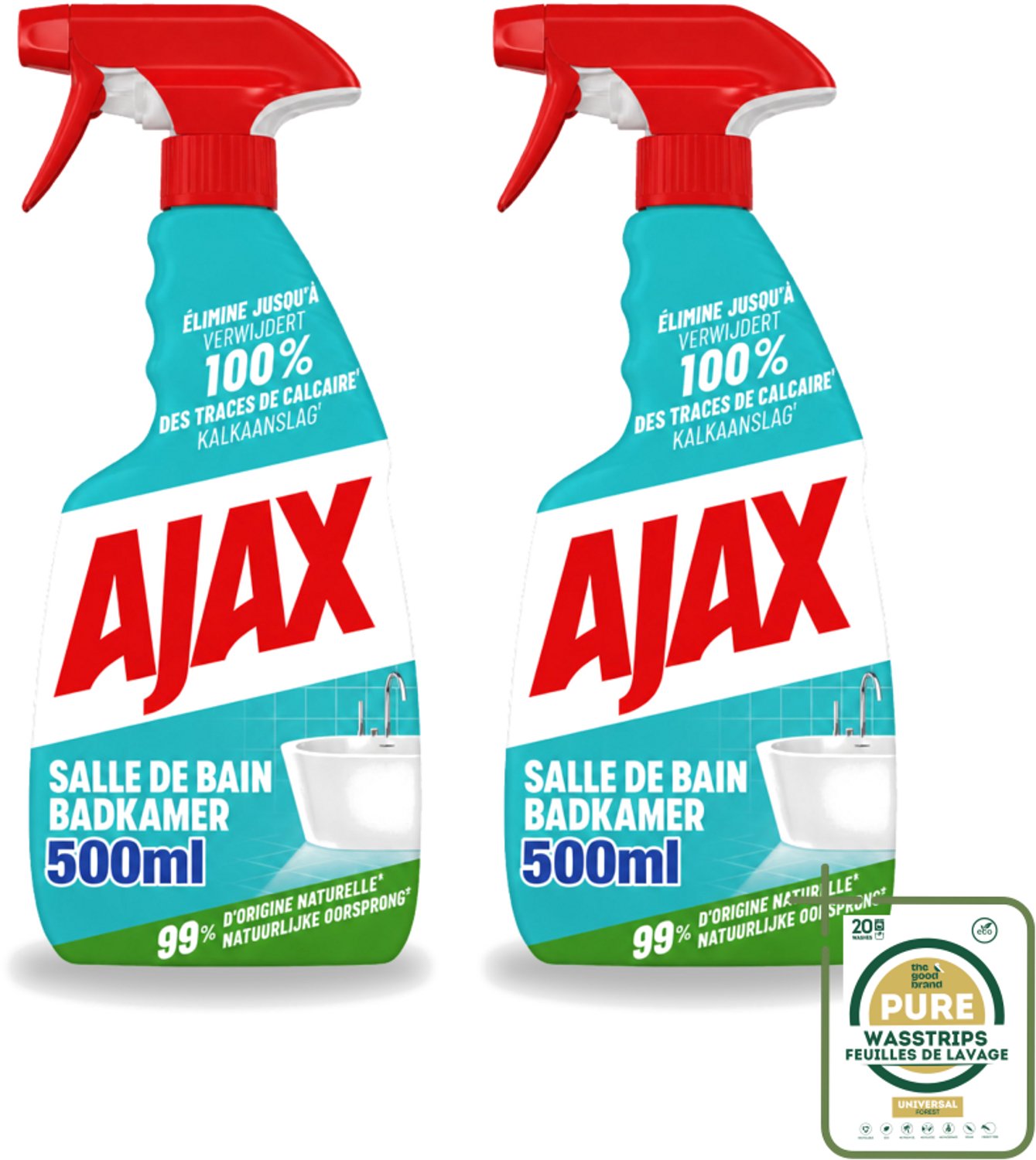 2 x Ajax – Badkamer Spray – 500 ml - Wasstrips - Badkamer Reinigen - Kalk Verwijderen - Zeepresten Verwijderen - Badkamer Schoonmaken - Anti-kalk Spray
