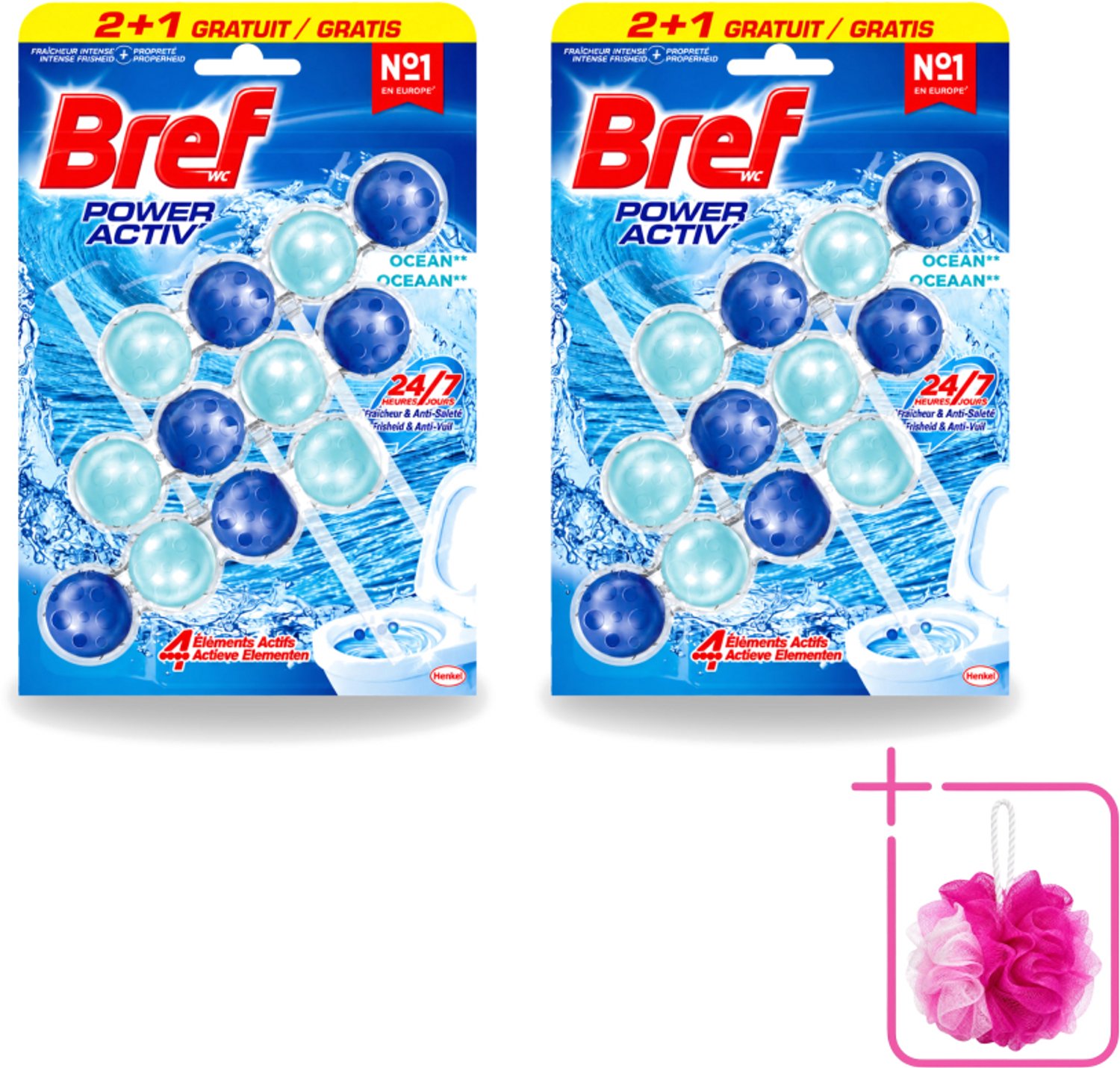 2 x Bref – Toiletblok – Power Aktiv Ocean – Multipack - Bulkverpakking - Toiletblok multipack - Douchemop - Anti-kalk toiletblok