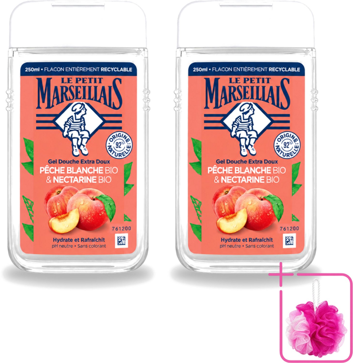 2 x Le Petit Marseillais – Douchegel – Pêche Blanche & Nectarine Bio – 250 ml - Bulkverpakking - Douchegel - Douchemop - Biologische douchegel
