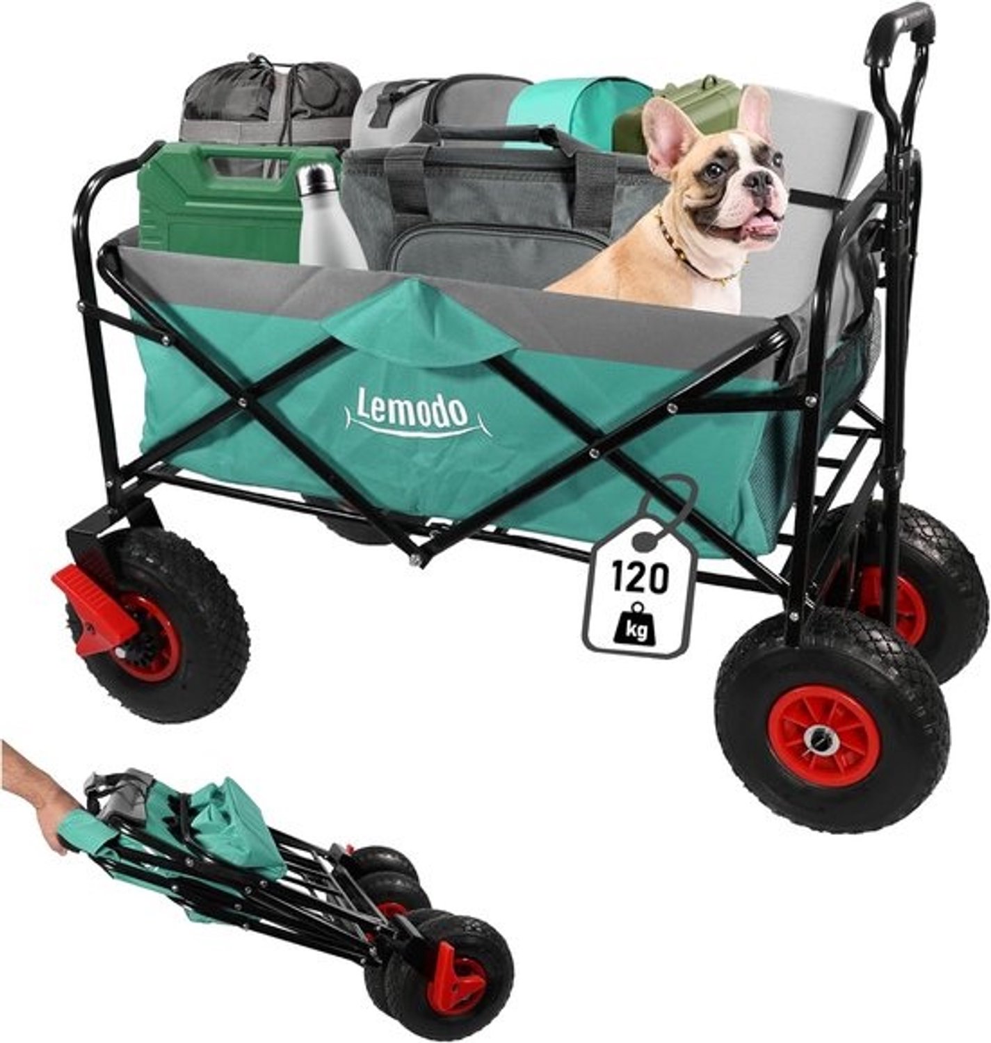 Opvouwbare bolderkar - Handwagen en transportwagen - Vervoer van spullen - 120kg draagkracht, luchtbanden - 101x57x105cm - Groen grijs