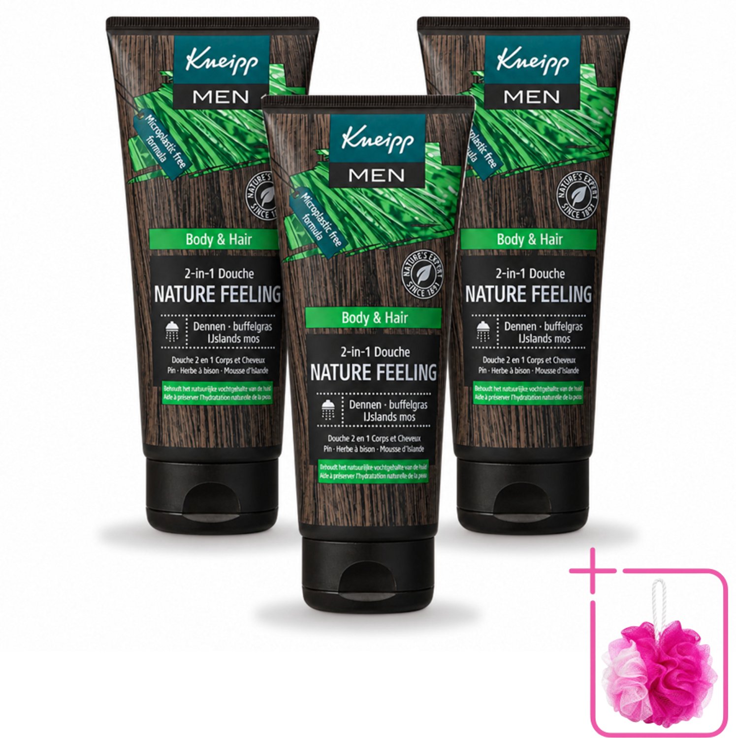 3 x Kneipp - Douchegel - Men - Nature Feeling - 2-in-1 - 200 ml - Bulkverpakking - Douchegel voor mannen - Douchemop - Natuurlijke douchegel