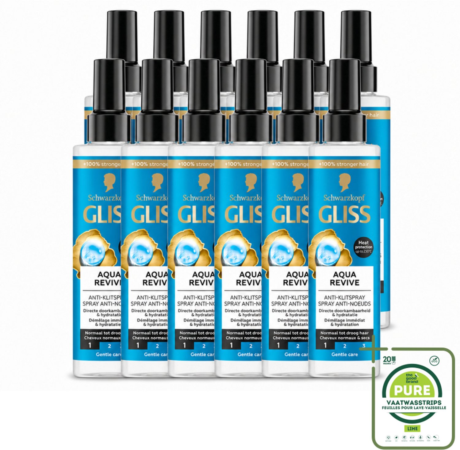 12 x Gliss - Anti-Klit Spray Aqua Revive - Voor Hydraterend en Makkelijk Doorkambaar Haar - 200 ml - Grootverpakking - Vaatwasstrips - Hydraterende Spray - Droog Haar - Klitvrij Haar - Doorkambaarheid - Aquaporine Complex
