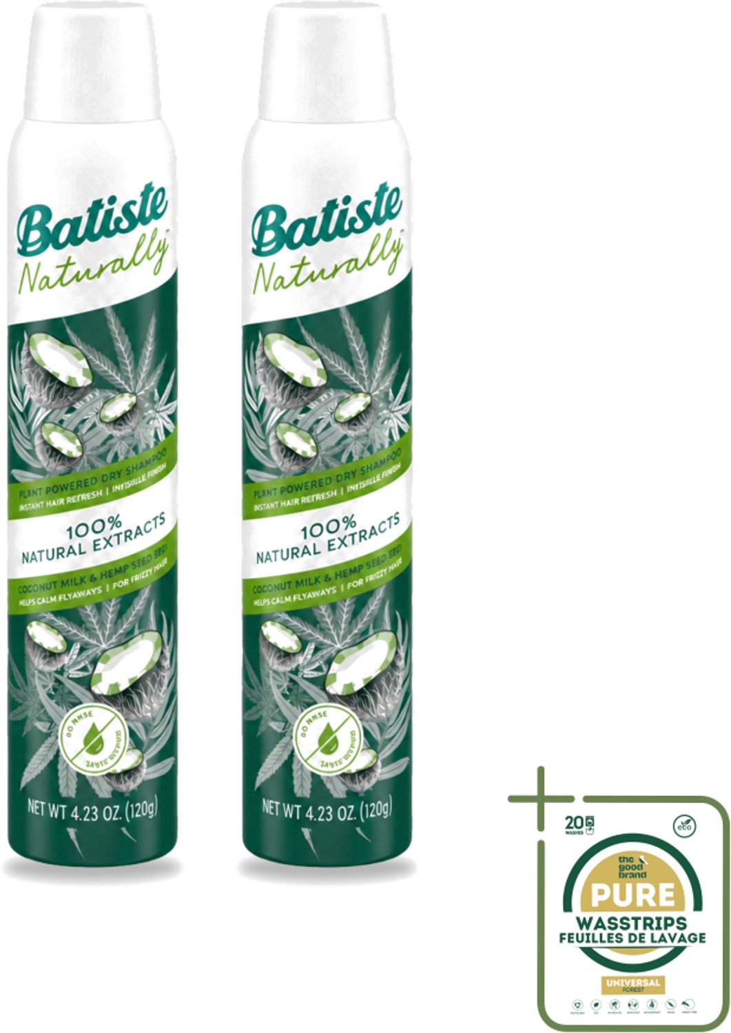 2 x Batiste - Naturally Coconut Milk & Hemp Seed Oil - Droogshampoo - Anti-Pluis en Verfrist - 100% Natuurlijk - 200ml - Wasstrips - Droogshampoo - Anti-pluis - Haarverzorging - Natuurlijk Haar - Kokosmelk