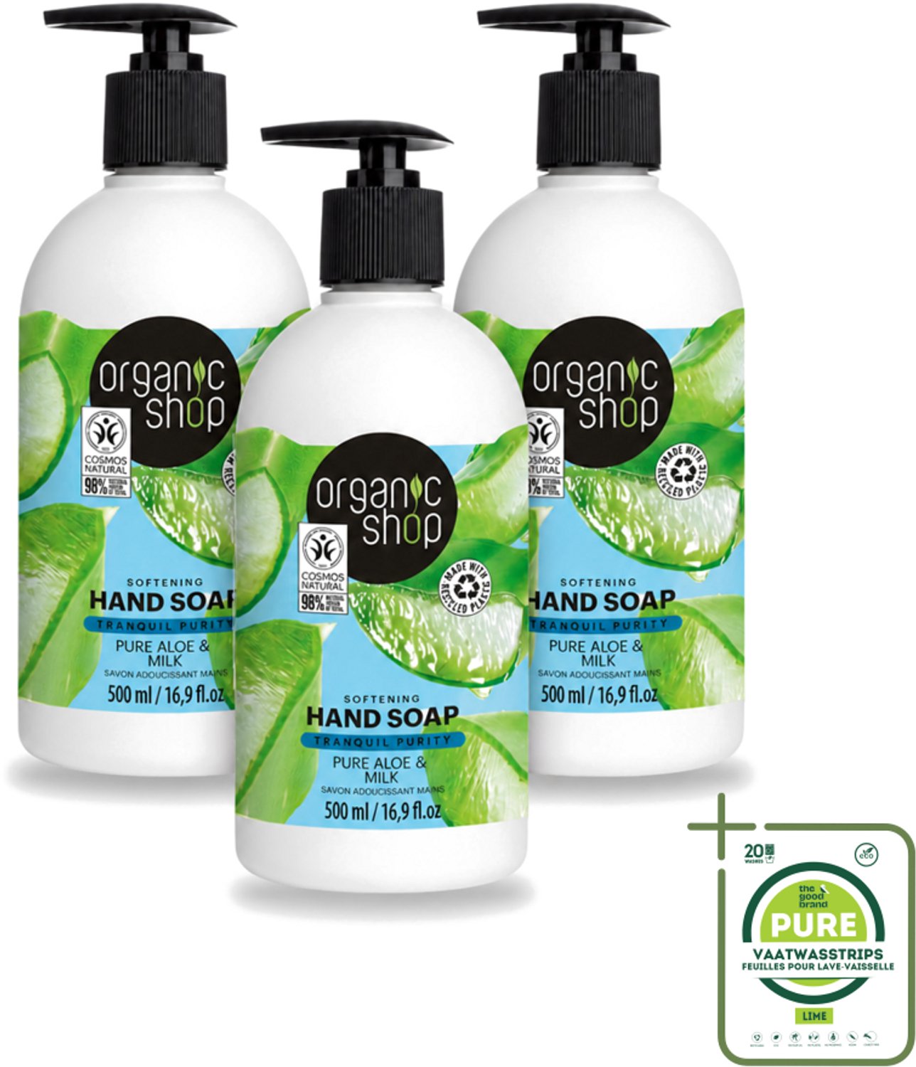 3 x Organic Shop - Handzeep Aloe & Milk - Verzachtend en Hydraterend - 500 ml - Grootverpakking - Vaatwasstrips - Handzeep - Natuurlijke Handzeep - Biologische Handzeep - Aloë Handzeep - Melkproteïnen Handzeep