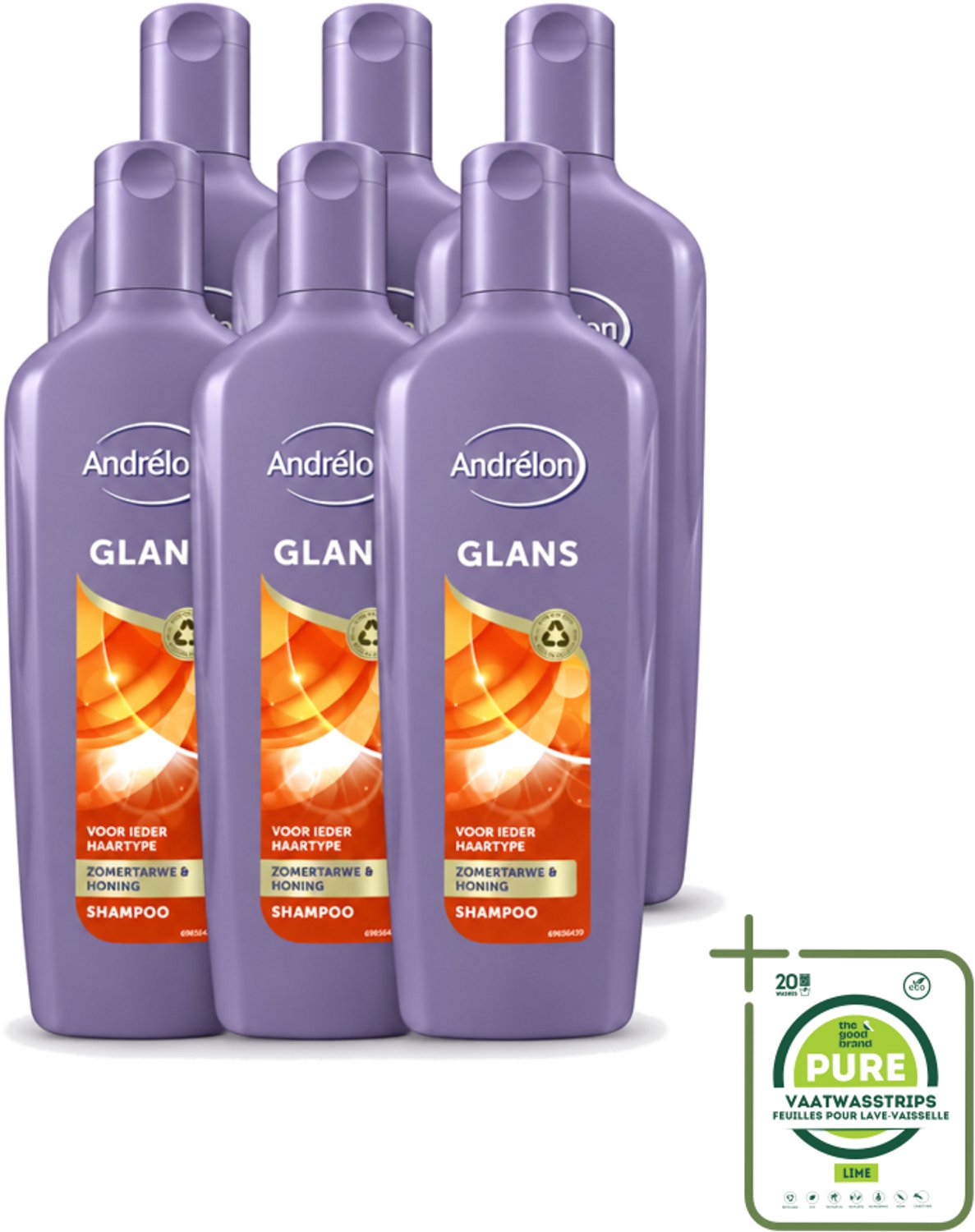 6 x Andrélon - Glans - Shampoo - 300 ml - Grootverpakking - Vaatwasstrips - Glans Haar - Natuurlijke Glans - Zomertarwe Shampoo - Honing Shampoo - Stralend Haar