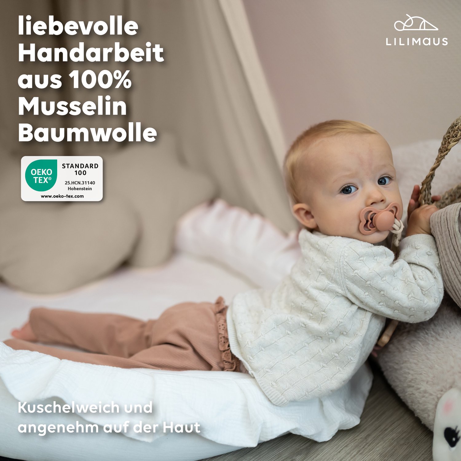LILIMAUS Vloerkussen rond kinderkamer met ruche - ca. 90 cm - mousseline katoen - wit