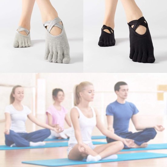 2 Paar Antislip Yoga Sokken met 5 Tenen - Grijs/Zwart — afbeelding 2