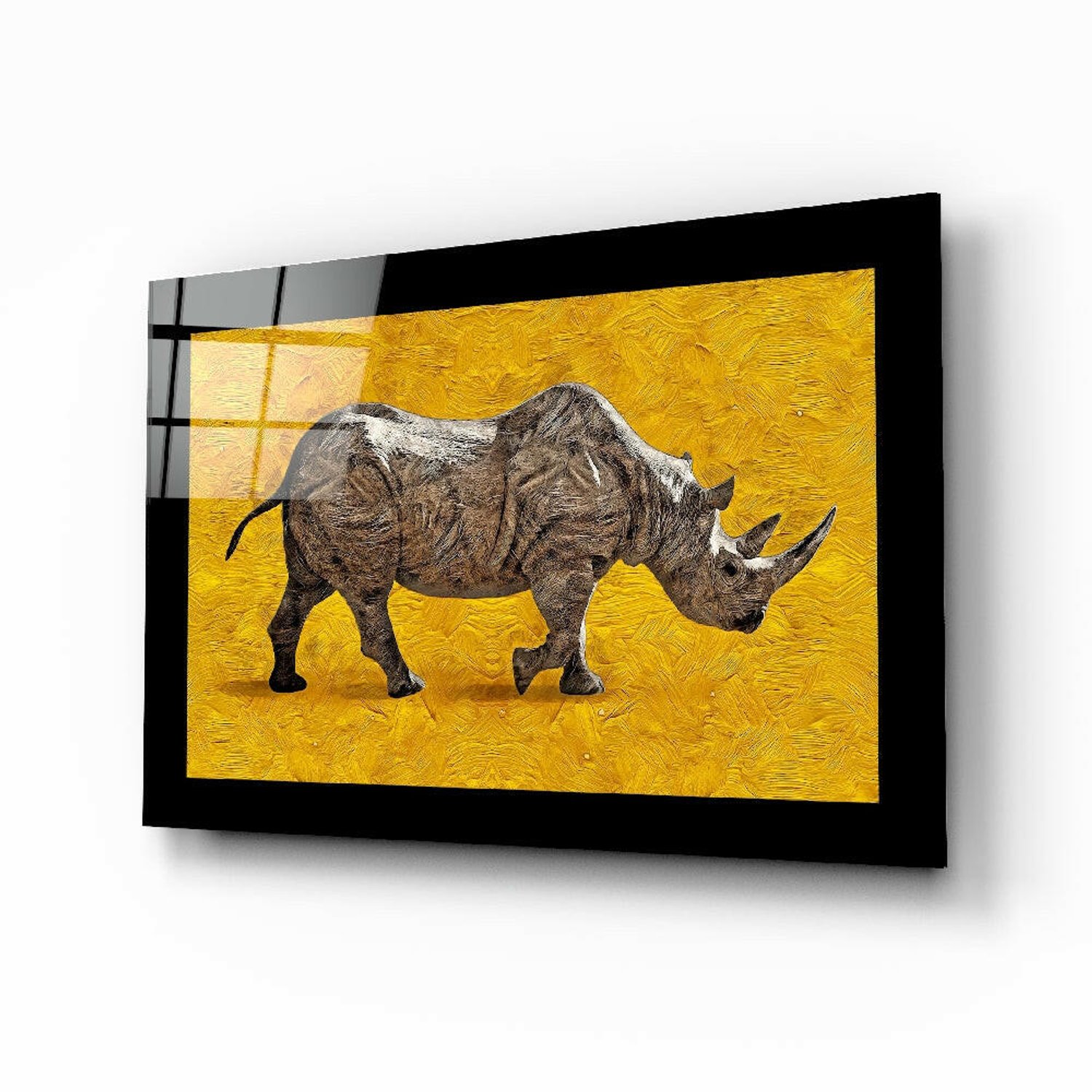 Glasschilderij – Gele Neushoorn in Impastostijl – Kunstzinnige Glasdecoratie