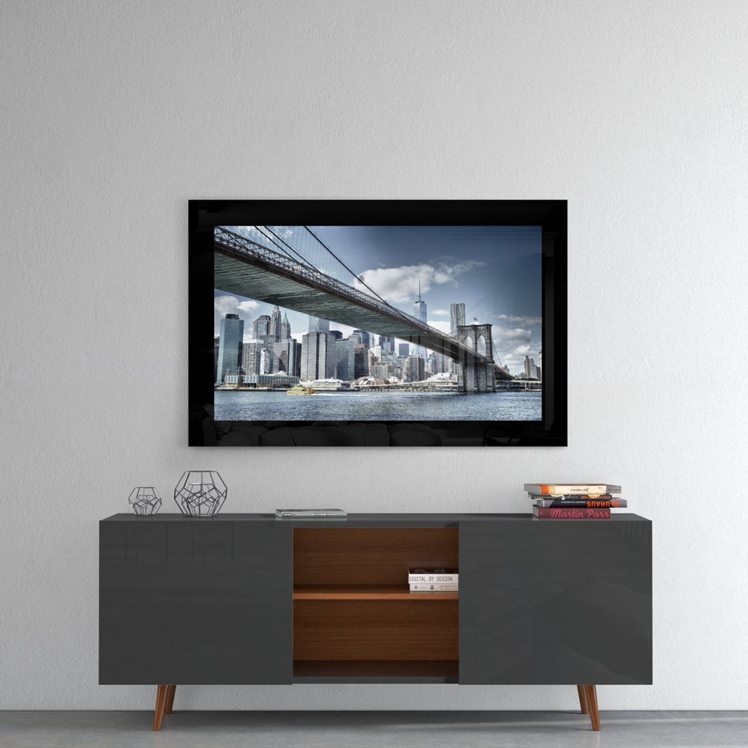Glasschilderij – Onder de Brooklyn Bridge met Skyline – Kunstzinnige Wanddecoratie