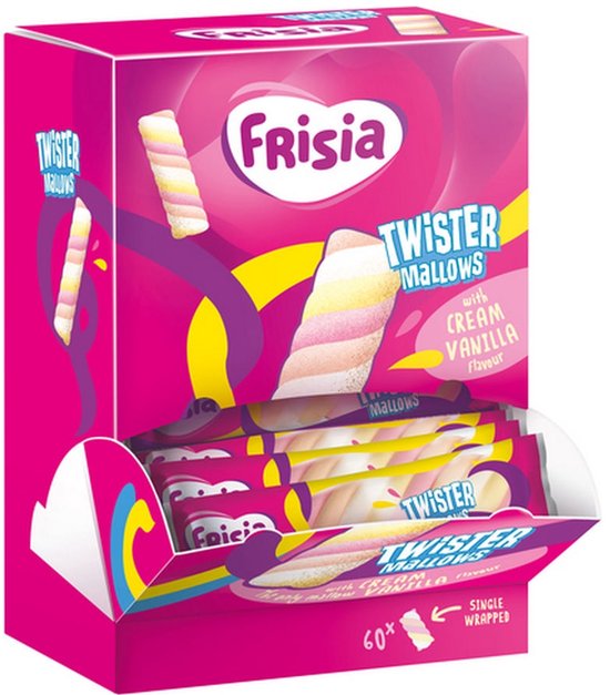 Roze doos met 60 individueel verpakte Frisia Twister Mallows met vanillesmaak.