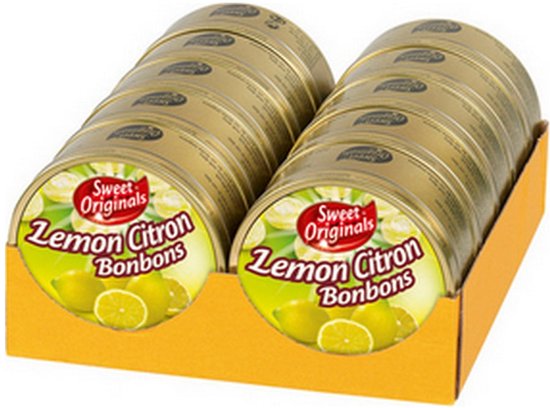 Displaydoos met Sweet Originals citroenbonbons in ronde gouden blikjes met citroenafbeeldingen.
