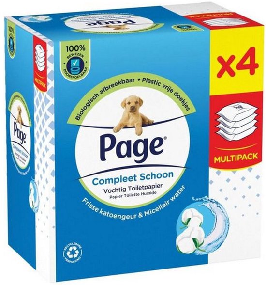 Multipack Page vochtig toiletpapier, Compleet Schoon met katoengeur, biologisch afbreekbaar en plasticvrij, 4 stuks.