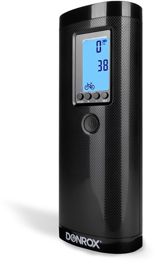 Zwarte, compacte Donrox luchtcompressor met digitaal display, instelknoppen en een aan-uitknop.